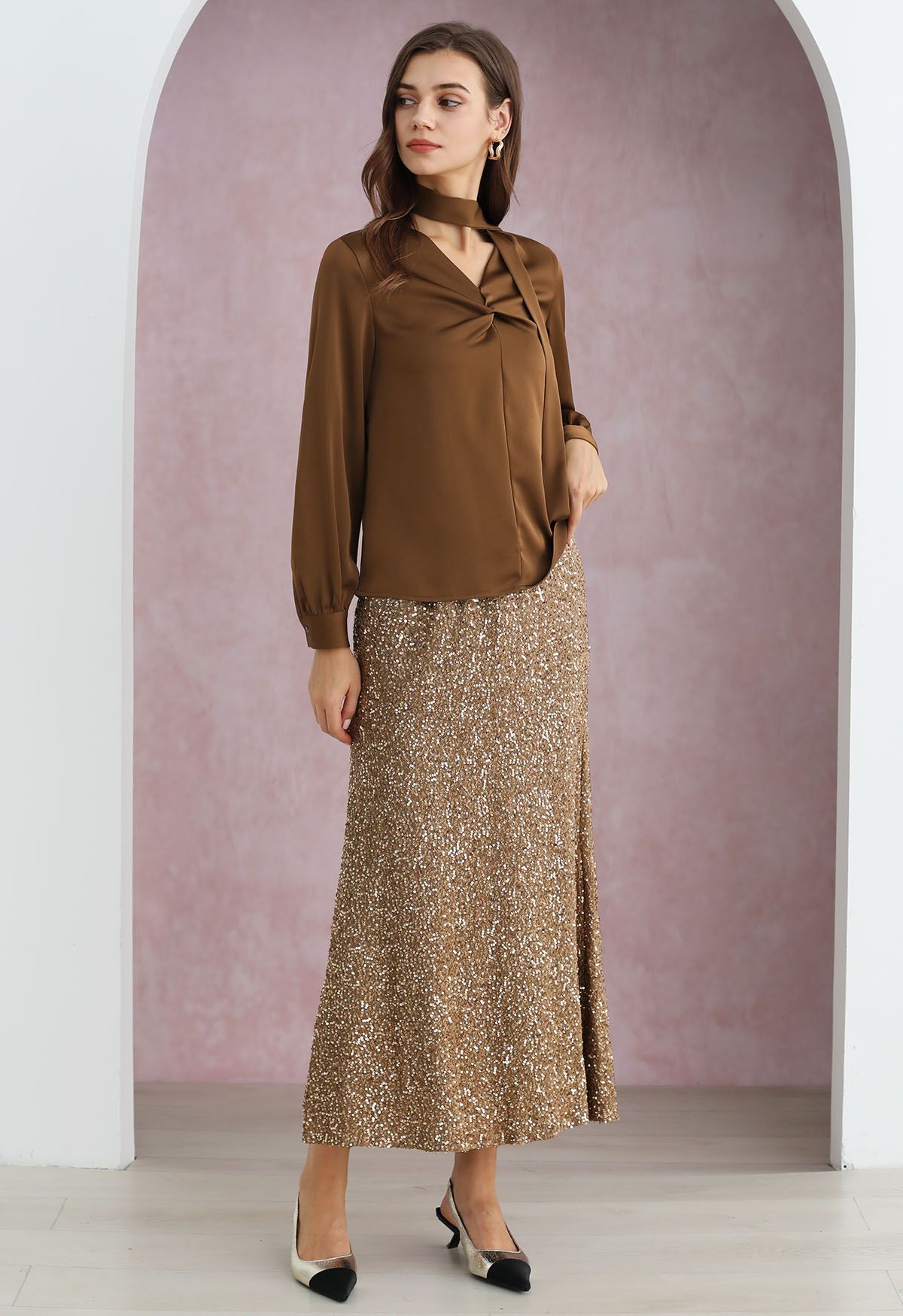 Full Sequin Mermaid Maxi Skirt in Tan