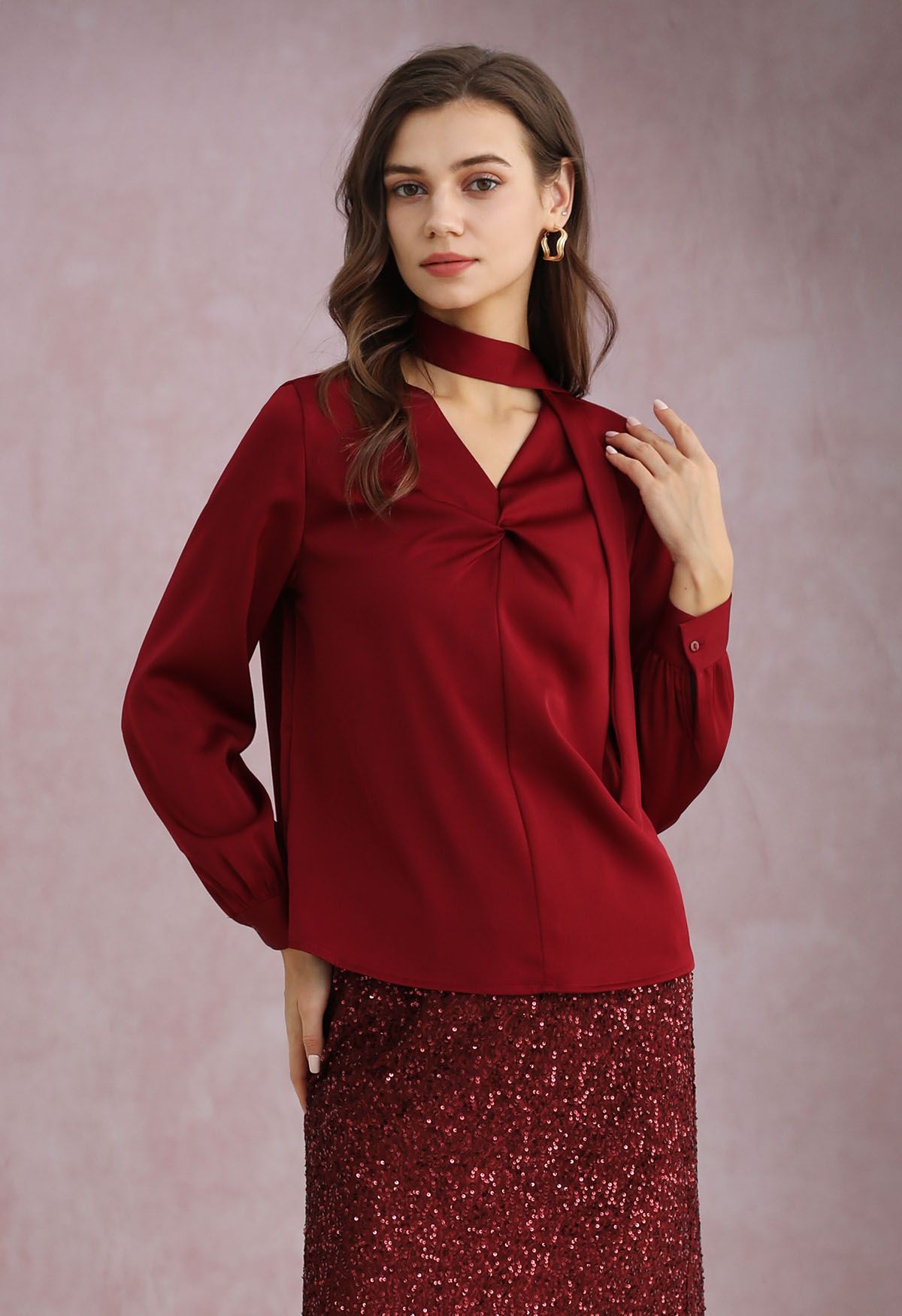 Ribbon V-Neckline Twist Detail Satin Top in Red