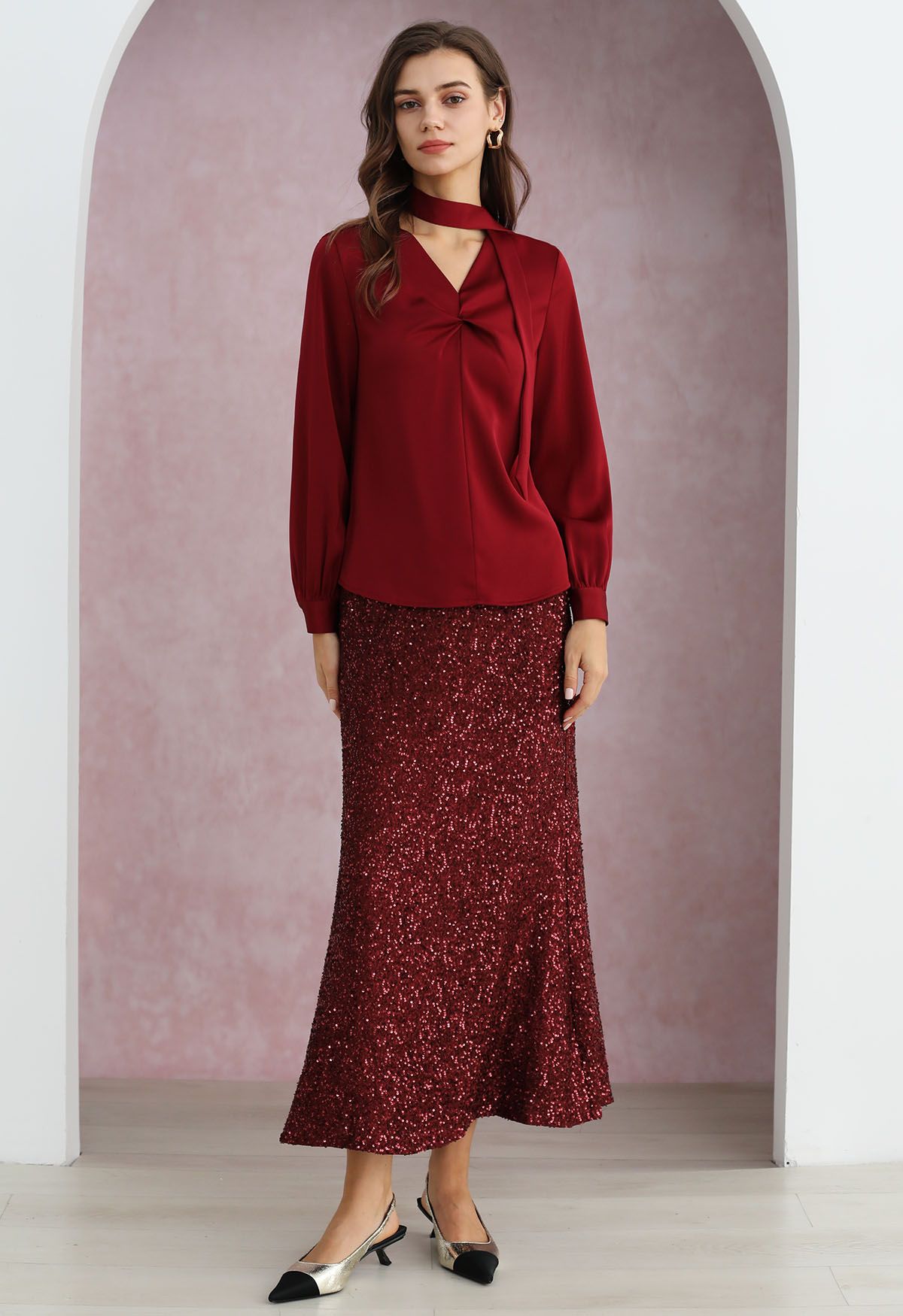 Full Sequin Mermaid Maxi Skirt in Red