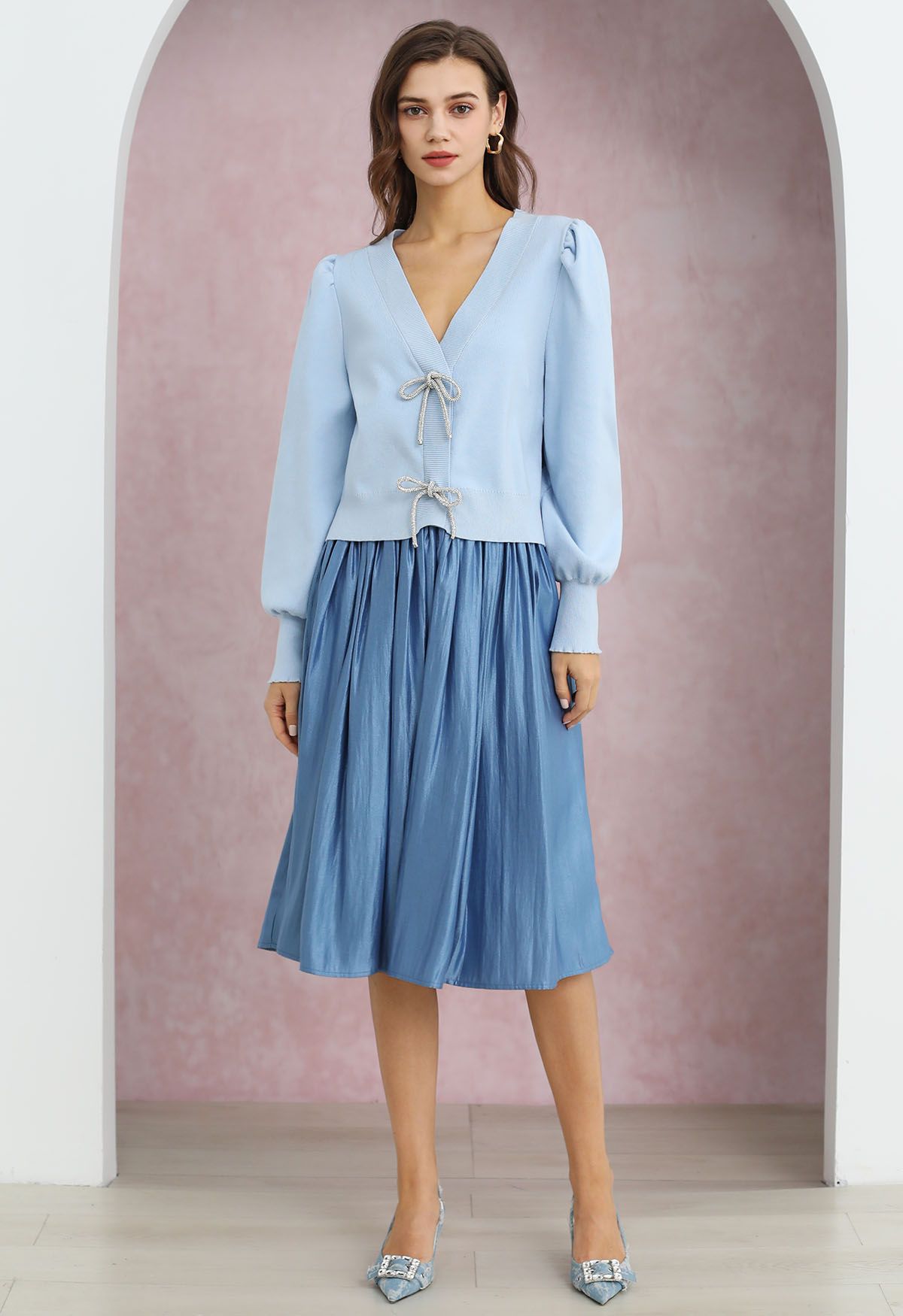 Glossy Blue Pleated Midi Skirt