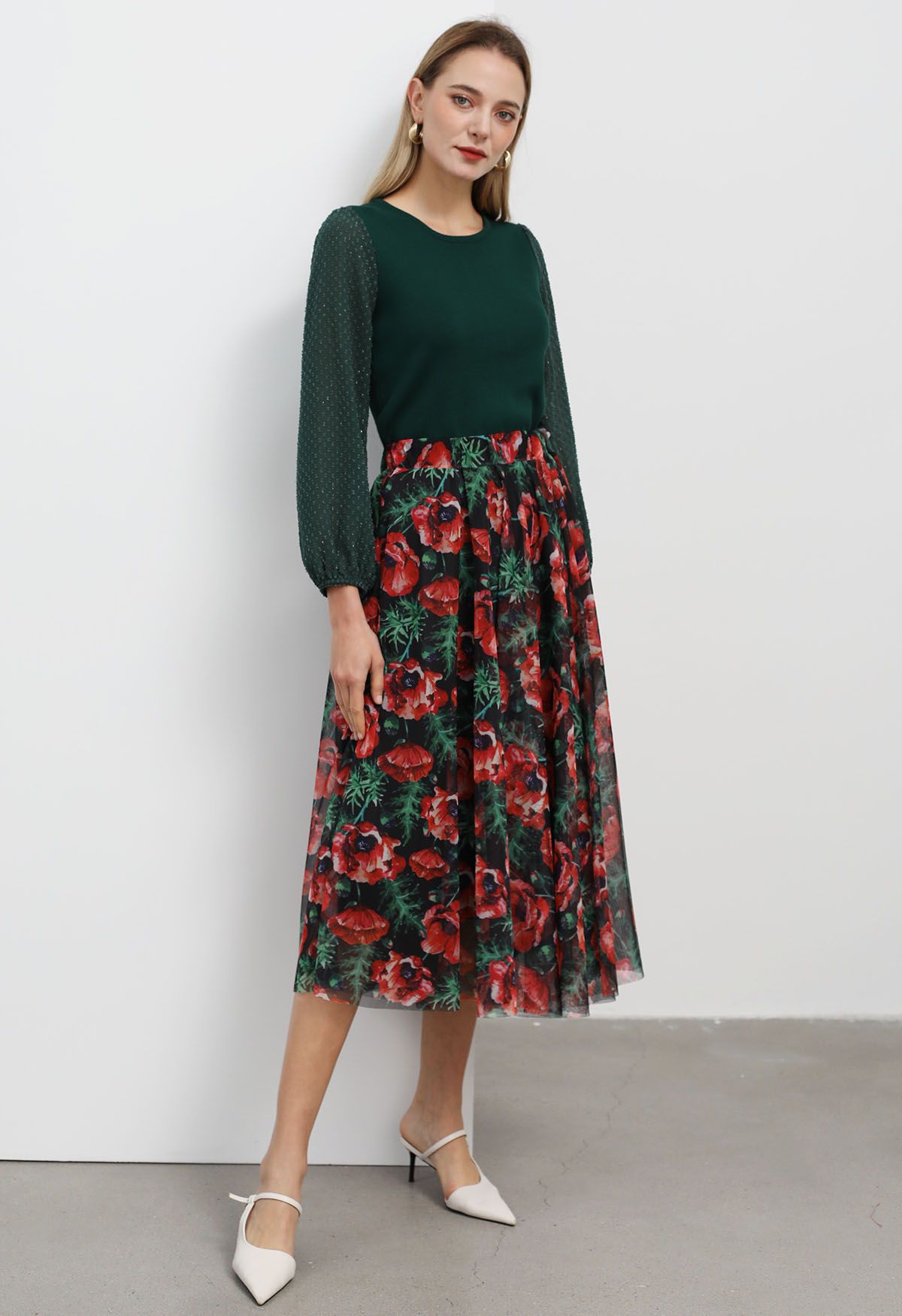 Scarlet Floral Printed Mesh Tulle Midi Skirt