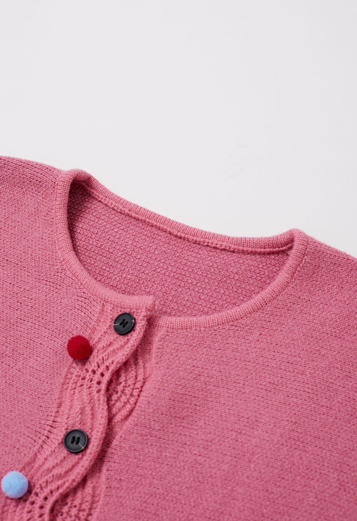 Colorful Pom-Pom Wavy Buttoned Patch Pocket Knit Cardigan in Pink