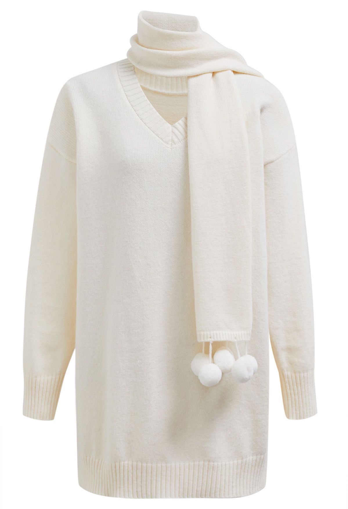 Cozy White Dropped Shoulder Knit Sweater Dress with Pom-Pom Scarf