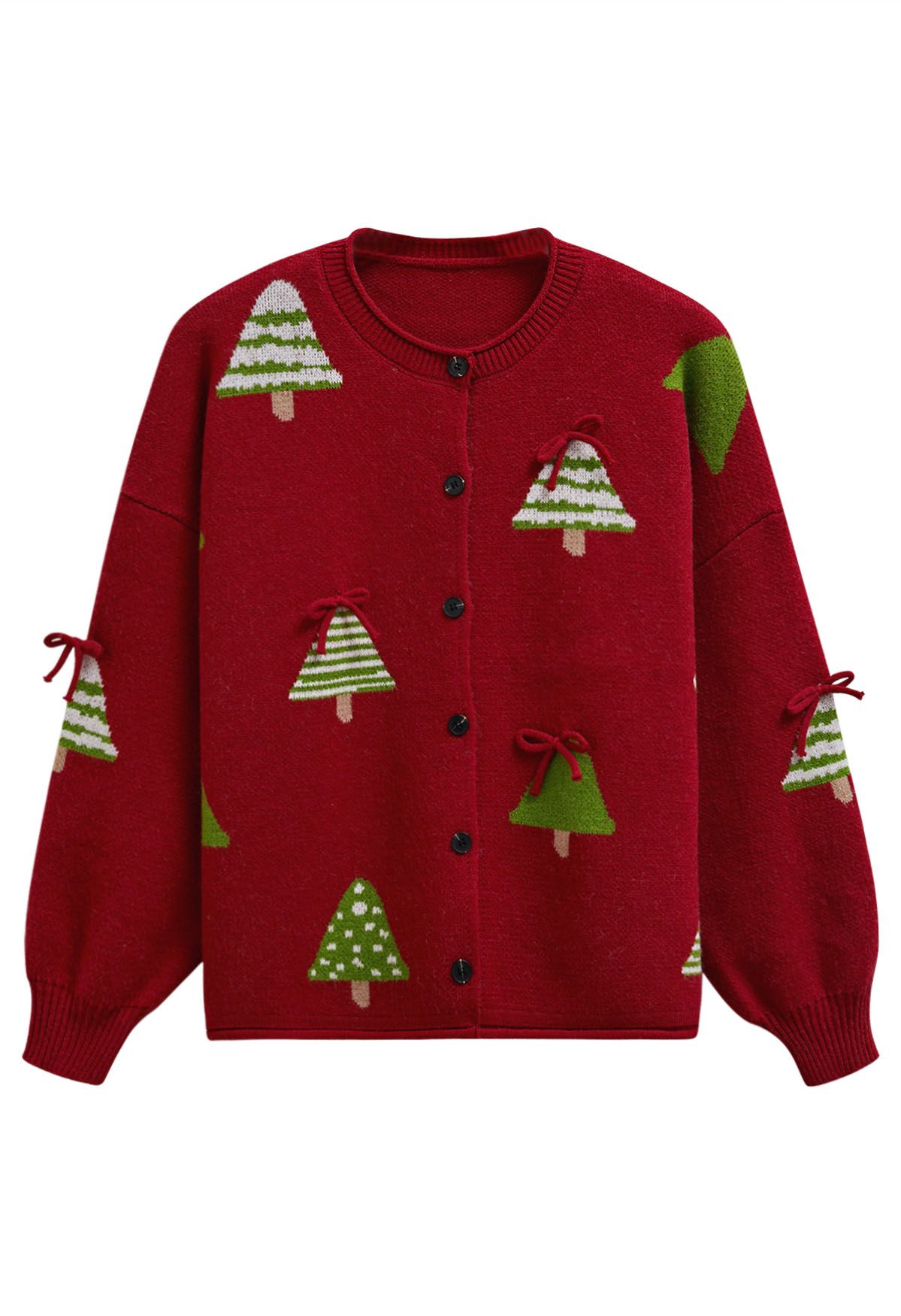 Cutie 3D Bowknot Christmas Tree Buttoned Knit Cardigan in Red