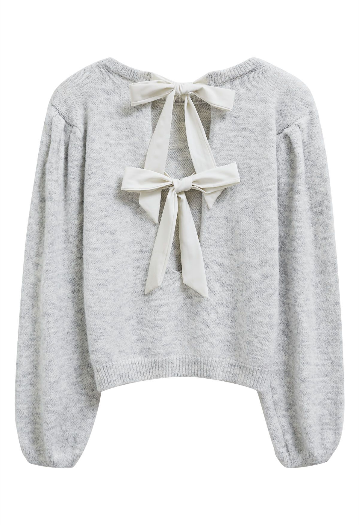 Bowknot Back Puff Sleeve Knit Sweater in Grey