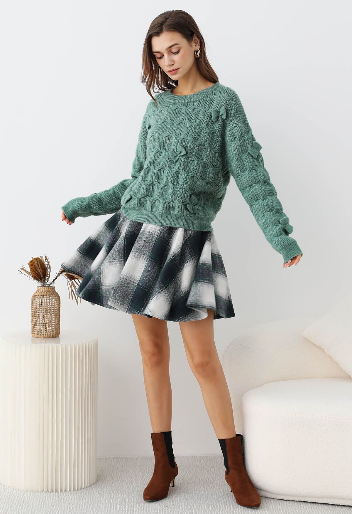 Warm Wishes Plaid Flare Mini Skirt in Dark Green