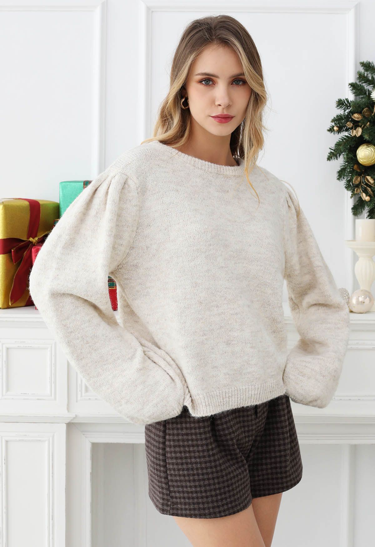 Bowknot Back Puff Sleeve Knit Sweater in Oatmeal