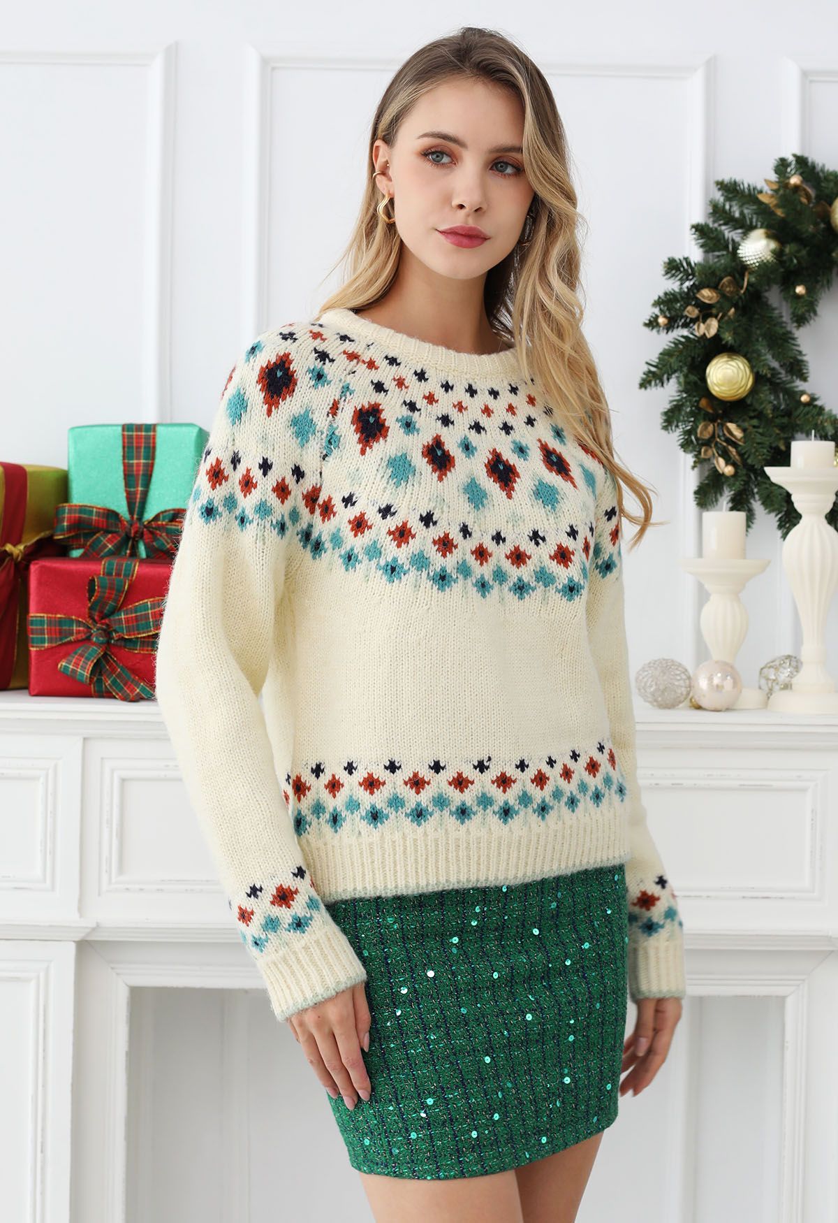 Snowflake Wonderland Fair Isle Knit Sweater in Cream