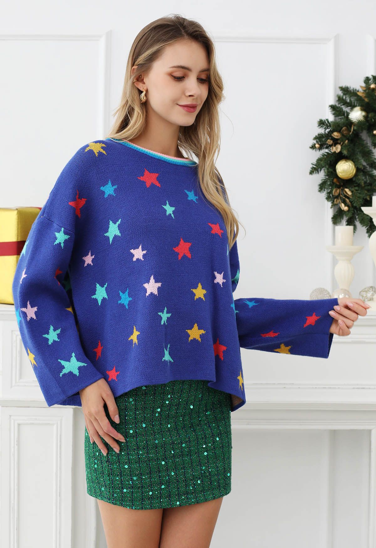 Cosmic Charm Star Bell Sleeve Knit Sweater in Royal Blue