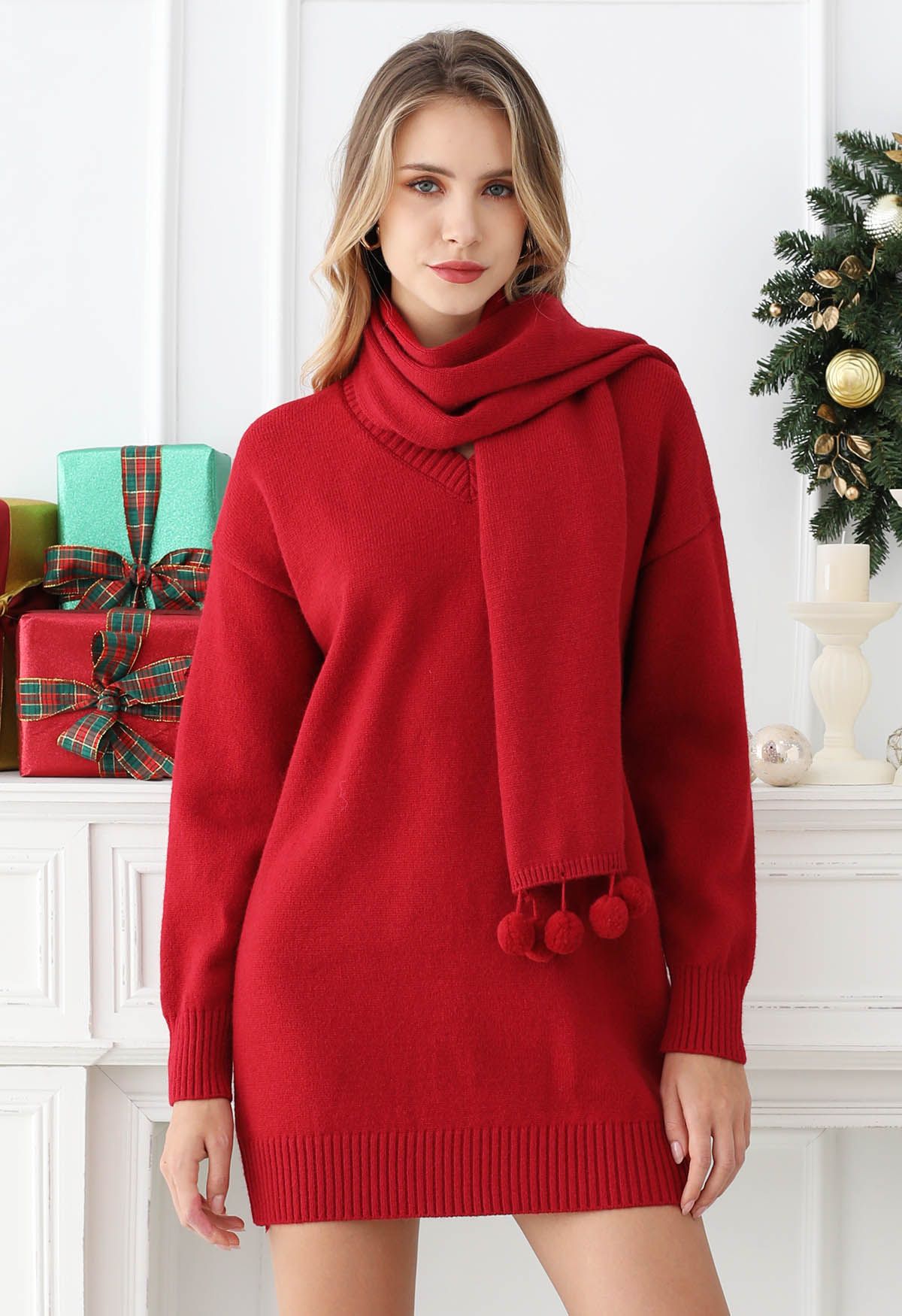 Cozy Red Dropped Shoulder Knit Sweater Dress with Pom-Pom Scarf