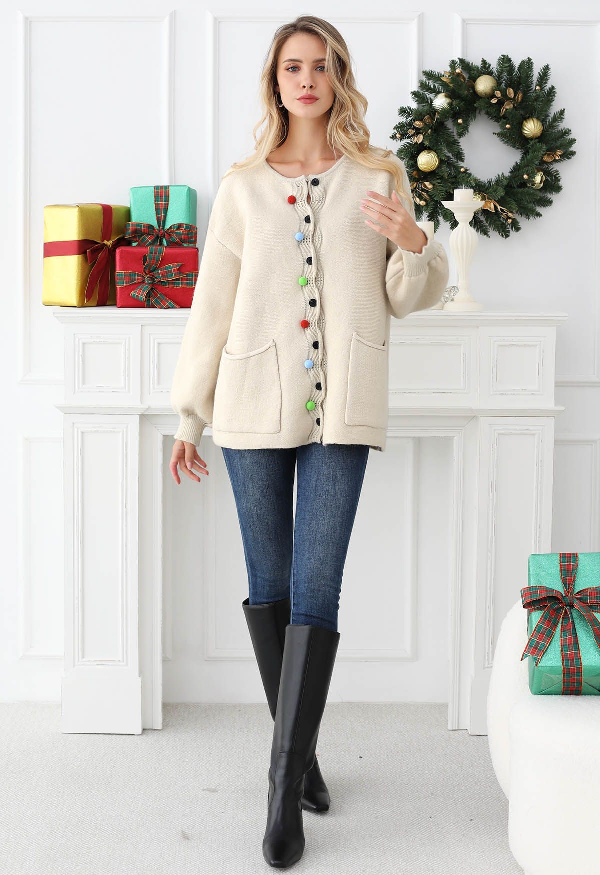 Colorful Pom-Pom Wavy Buttoned Patch Pocket Knit Cardigan in Oatmeal