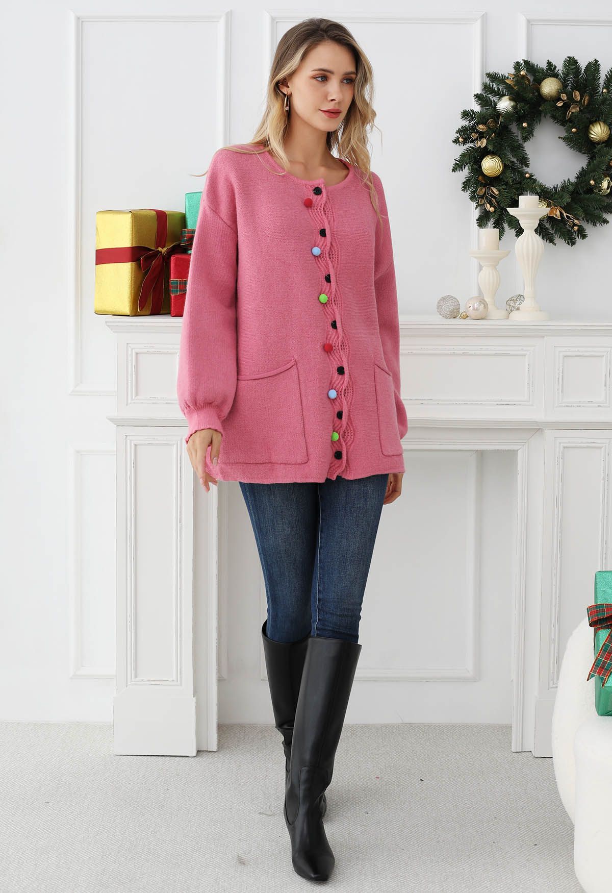 Colorful Pom-Pom Wavy Buttoned Patch Pocket Knit Cardigan in Pink