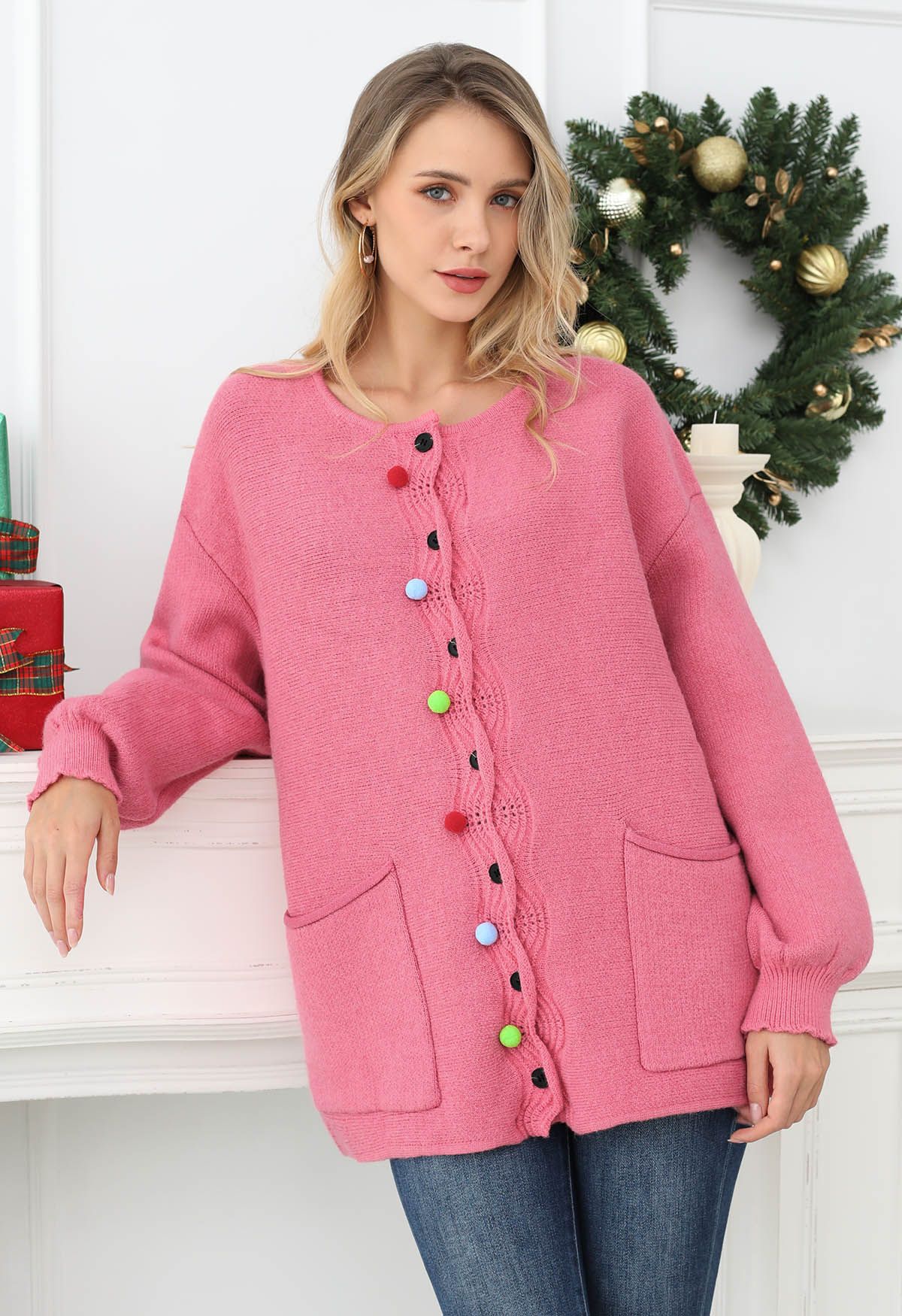 Colorful Pom-Pom Wavy Buttoned Patch Pocket Knit Cardigan in Pink