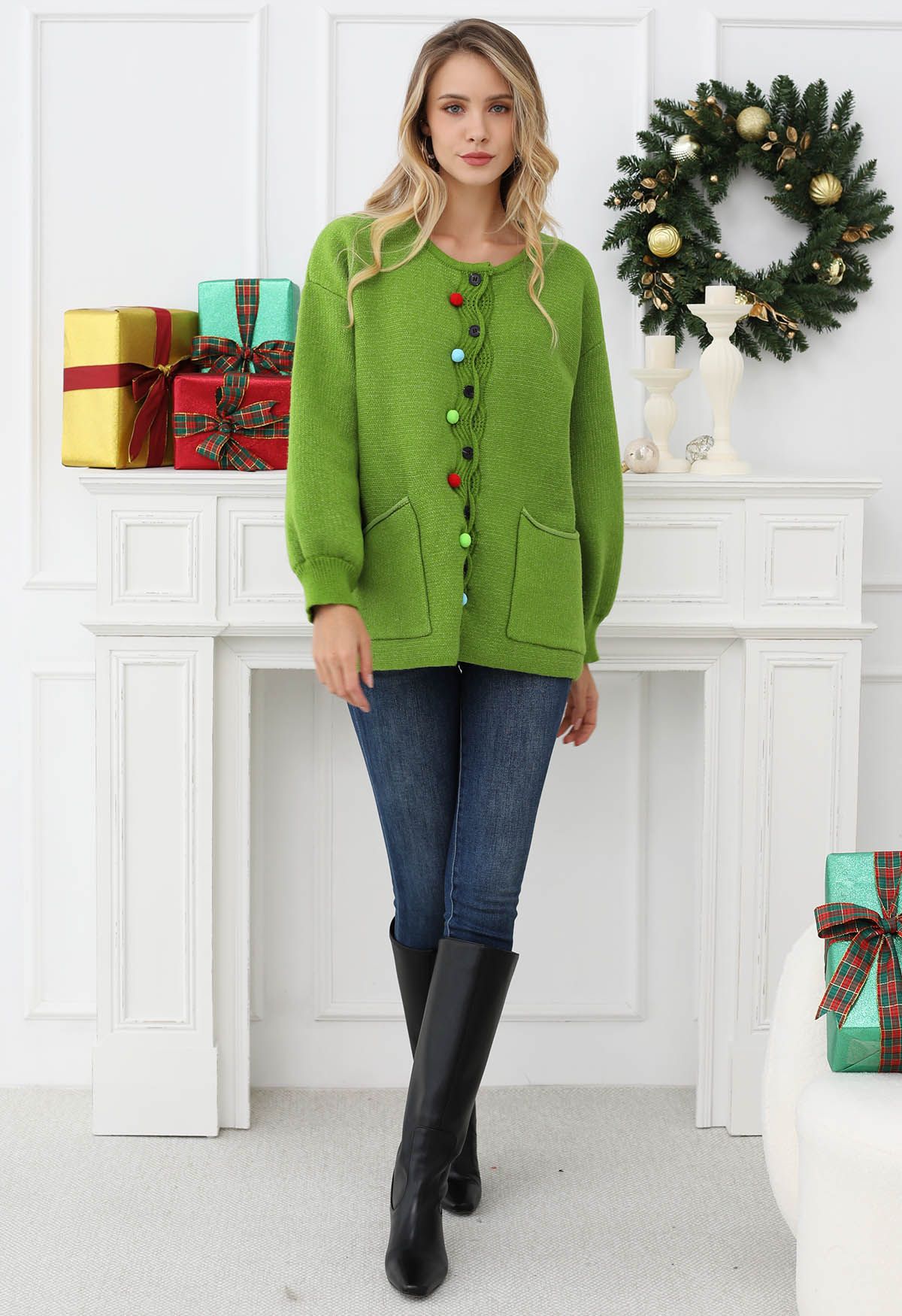 Colorful Pom-Pom Wavy Buttoned Patch Pocket Knit Cardigan in Green