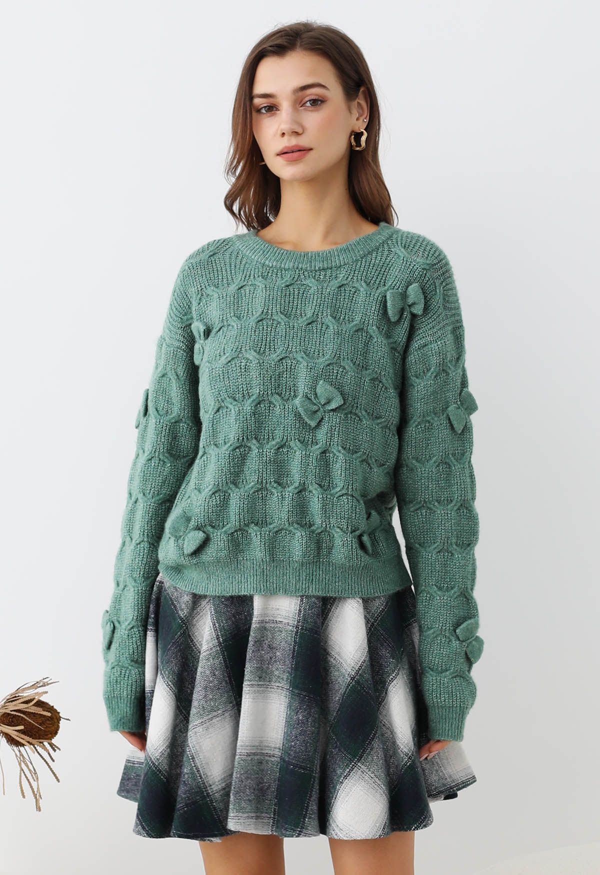 Playful Bow Geometric Textured Knit Sweater in Green