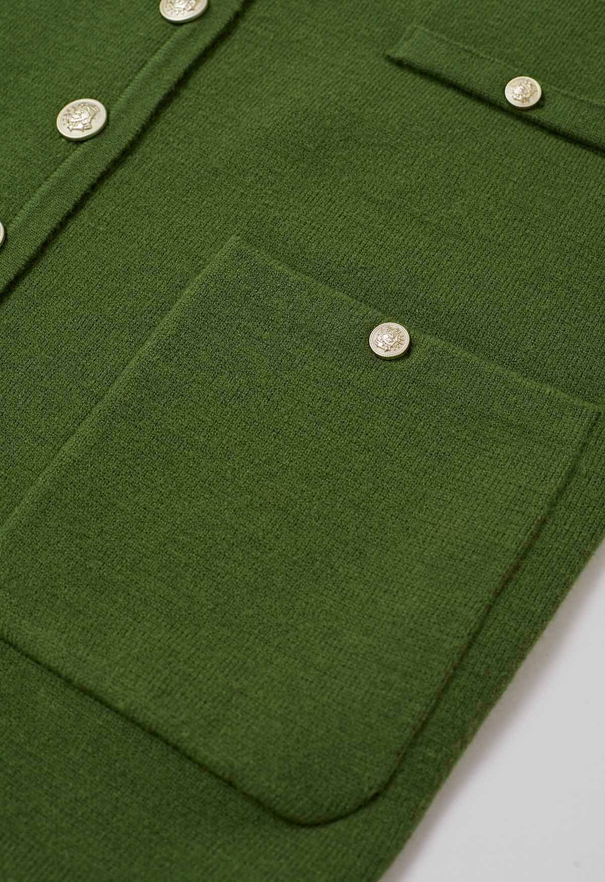 Impressive Patch Pocket Button Down Knit Cardigan in Green