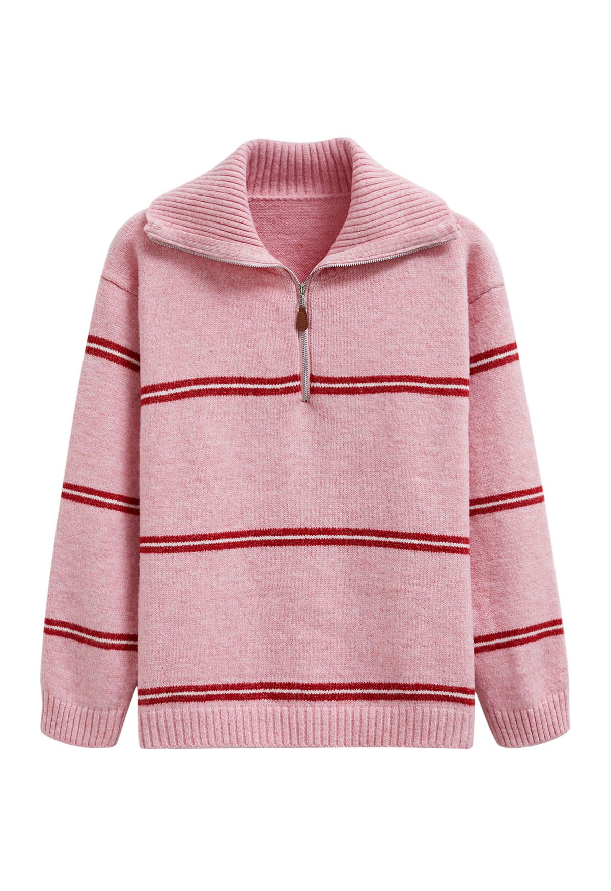 Sporty Stripes Half-Zip Collar Knit Sweater in Pink