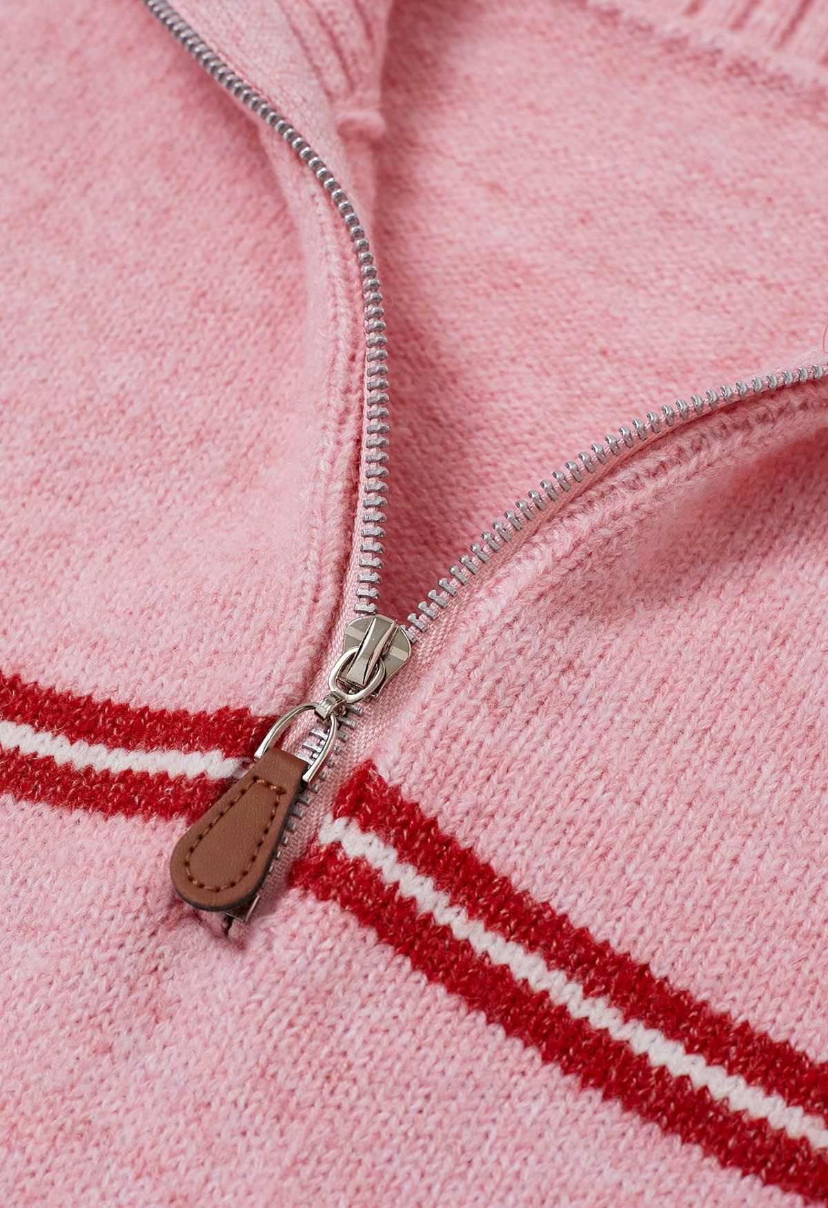 Sporty Stripes Half-Zip Collar Knit Sweater in Pink