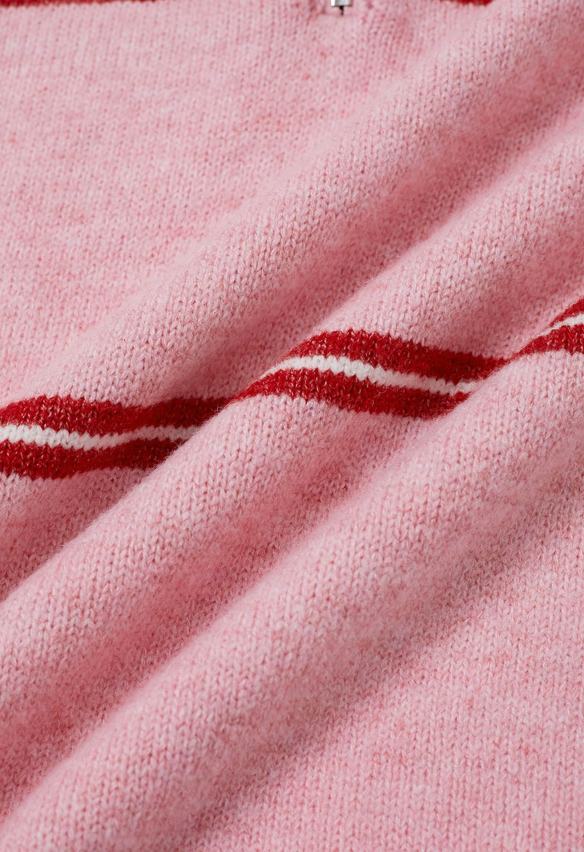 Sporty Stripes Half-Zip Collar Knit Sweater in Pink