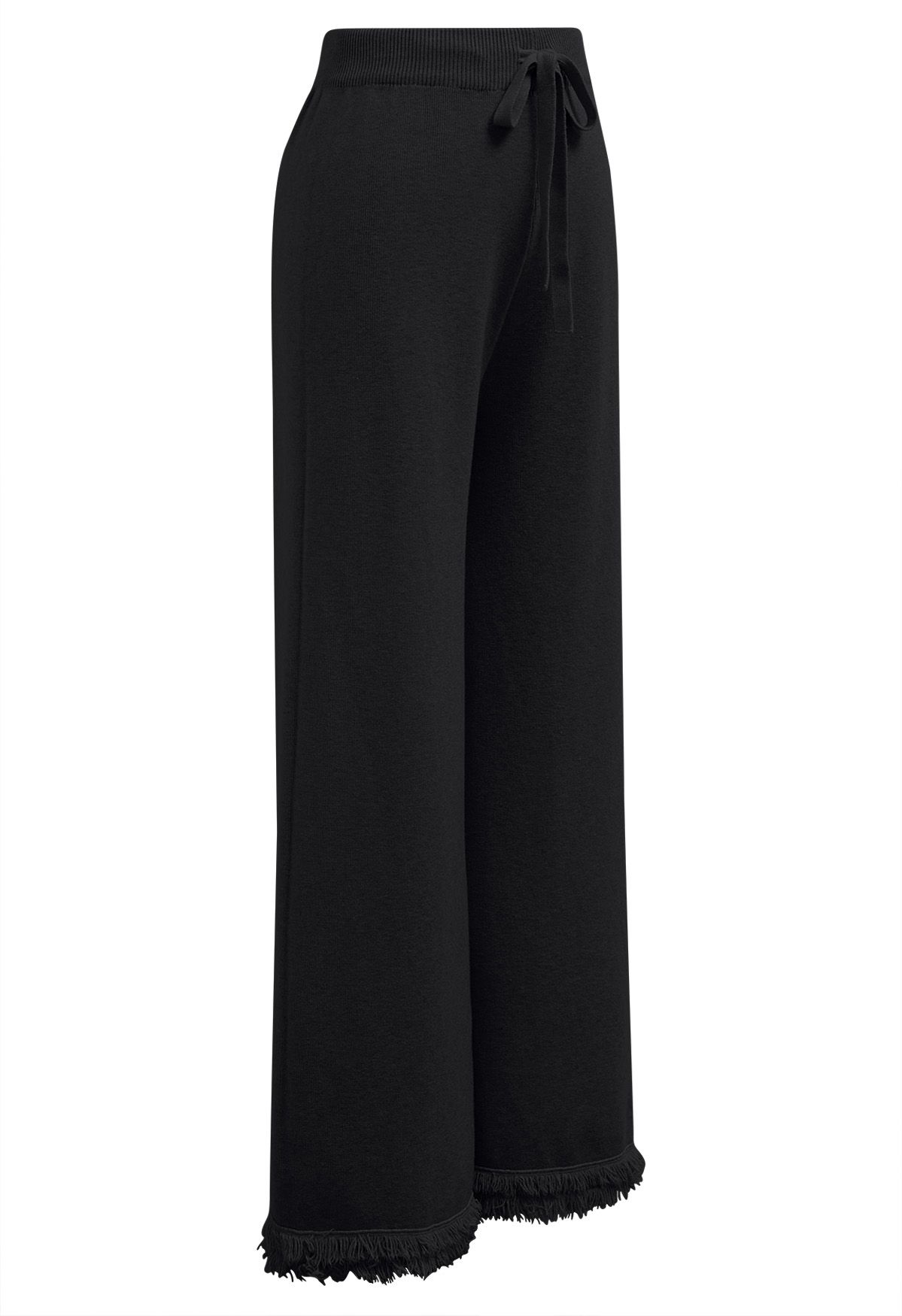 Casual Tie-String Fringed Knit Pants in Black