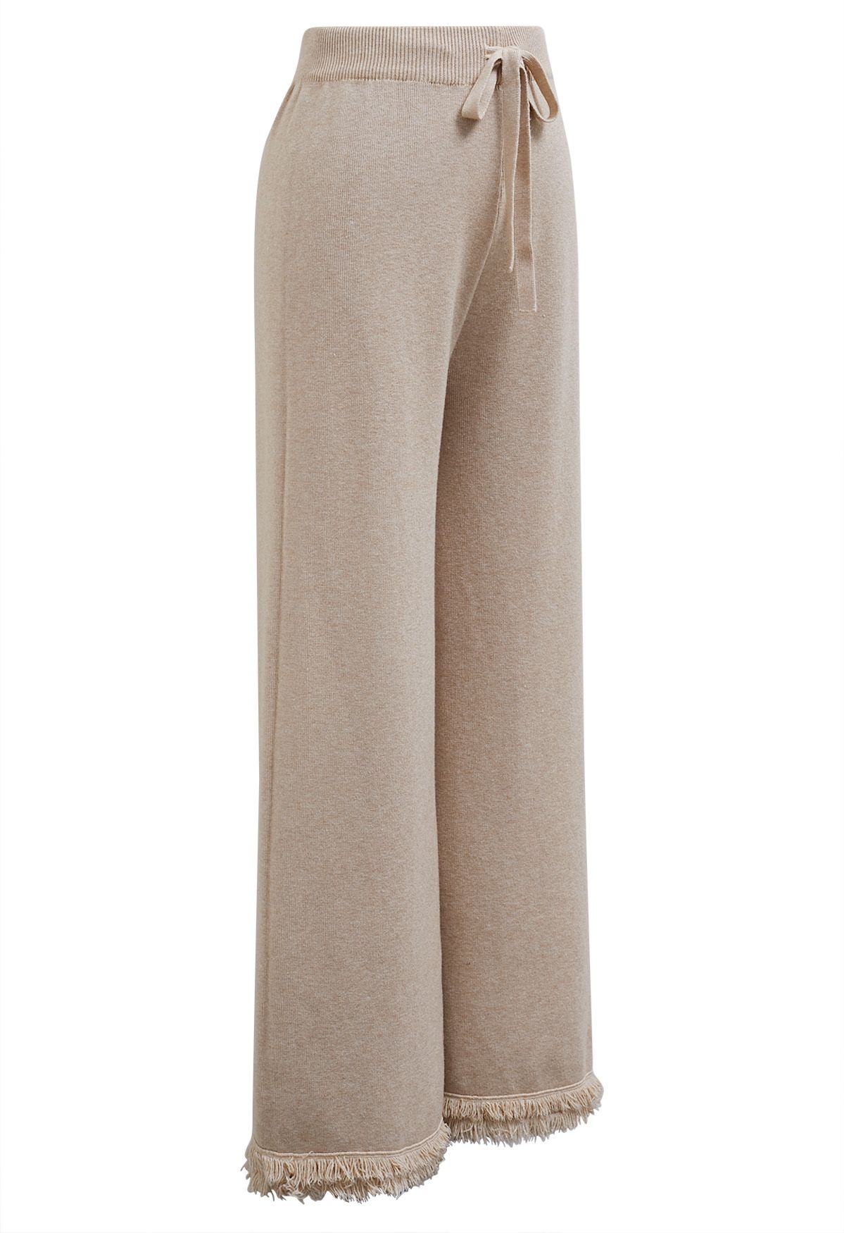 Casual Tie-String Fringed Knit Pants in Sand