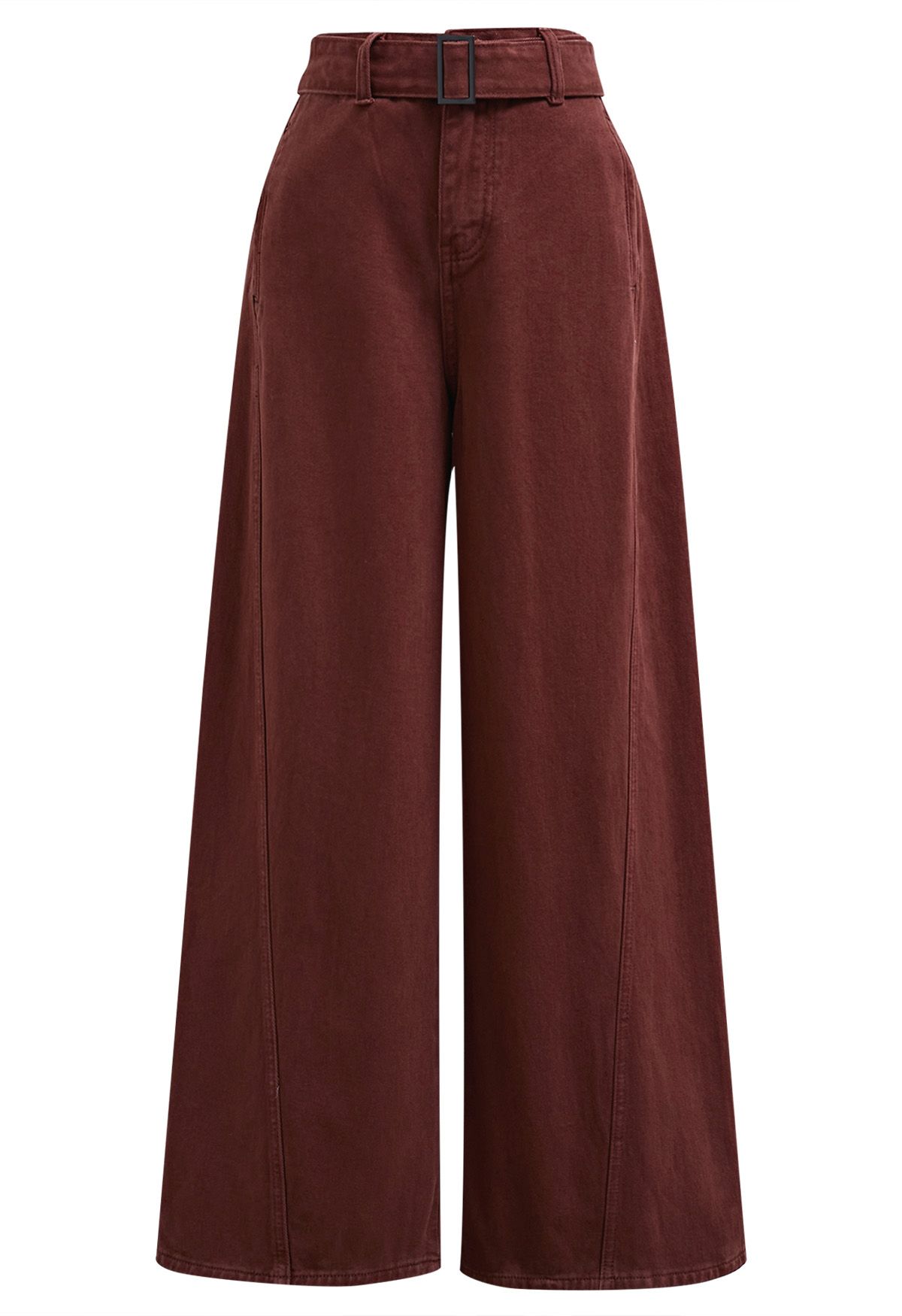 Classic Belted High-Waist Wide-Leg Jeans in Burgundy