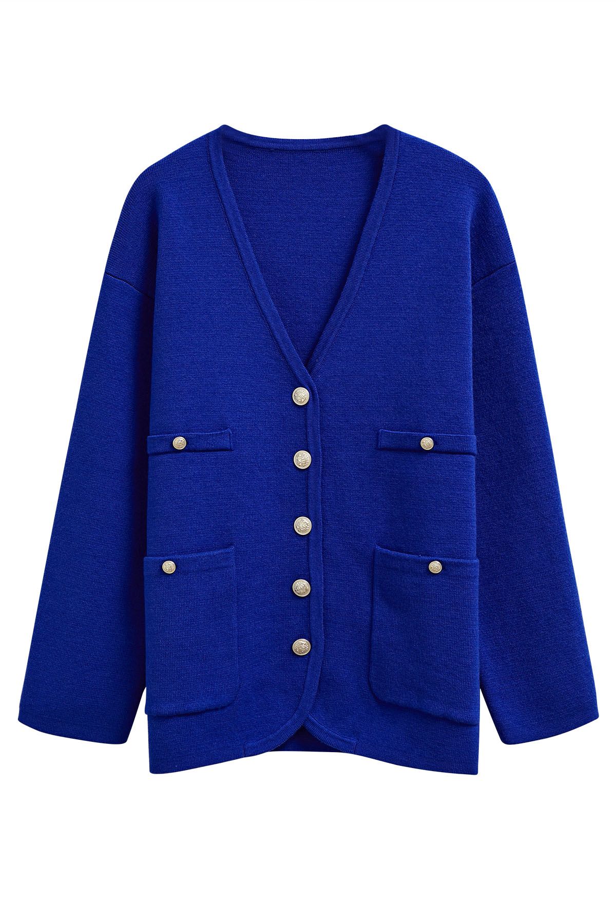 Impressive Patch Pocket Button Down Knit Cardigan in Royal Blue