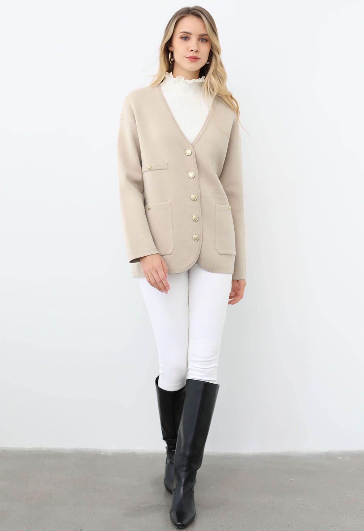 Impressive Patch Pocket Button Down Knit Cardigan in Light Tan