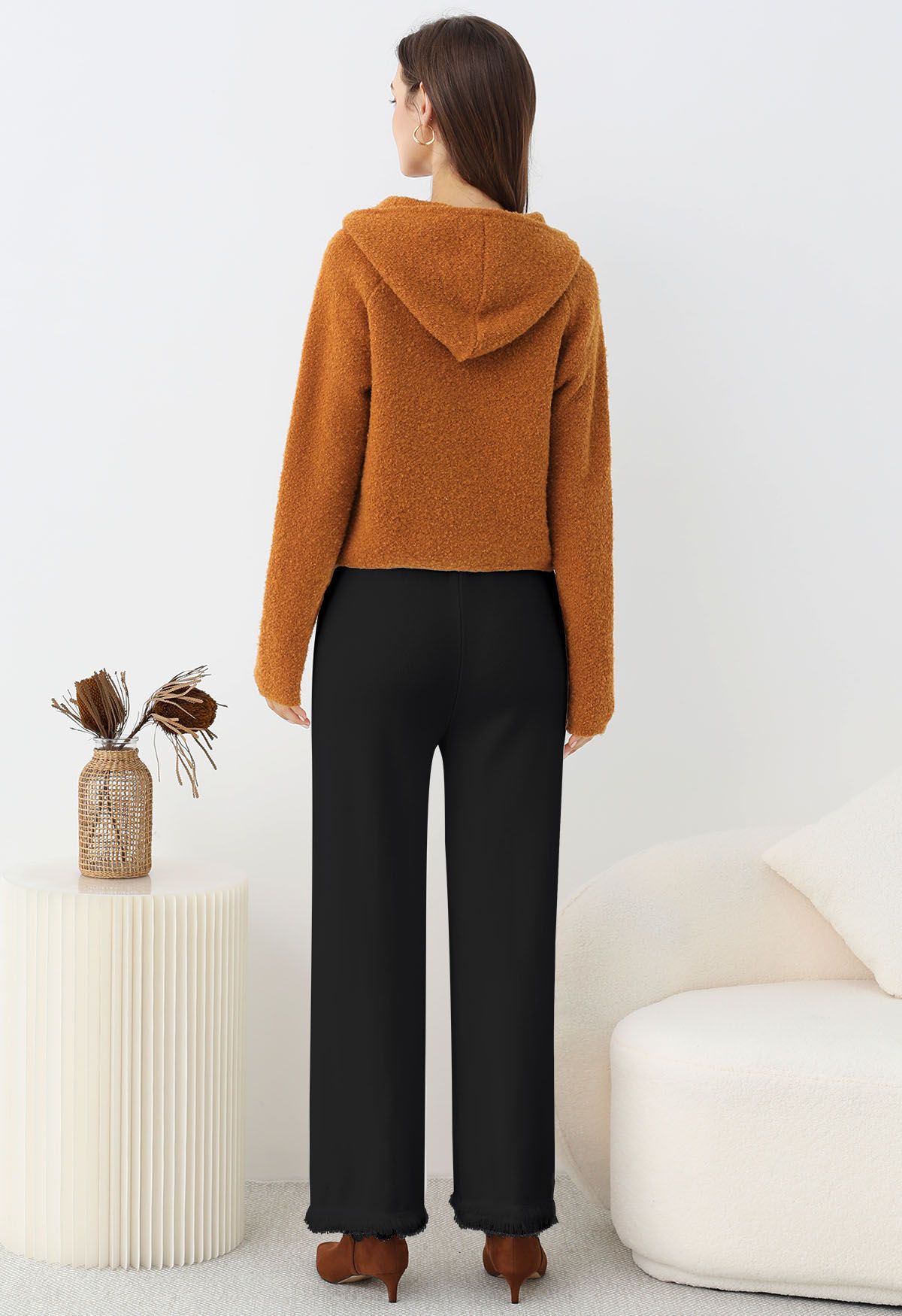 Casual Tie-String Fringed Knit Pants in Black