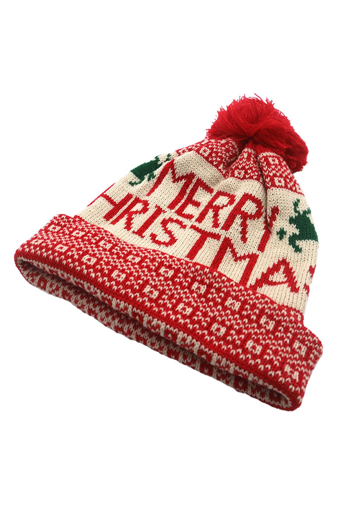 Christmas Letter Knit Beanie Hat in Red