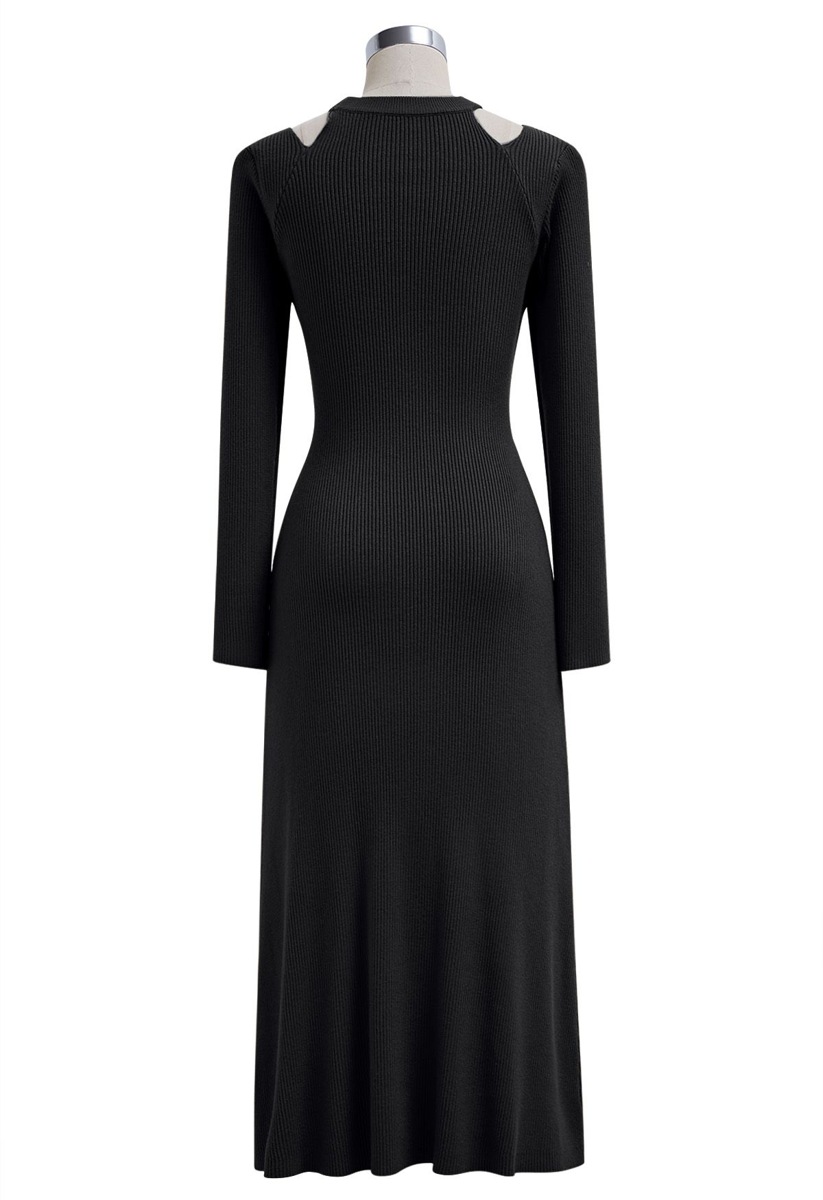 Cutout Shoulders Cross Front Knit Midi Dress in Black