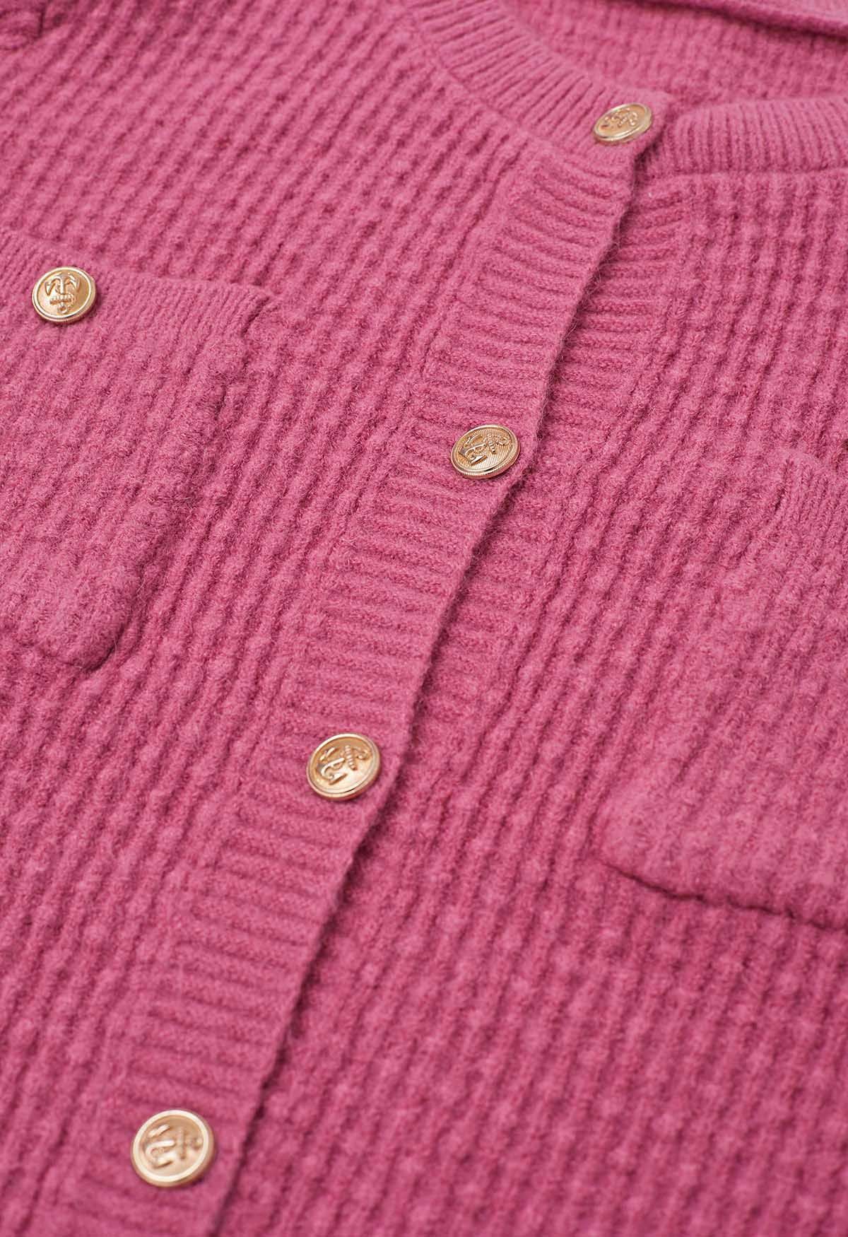 Embossed Dots Patch Pocket Buttoned Knit Cardigan in Pink