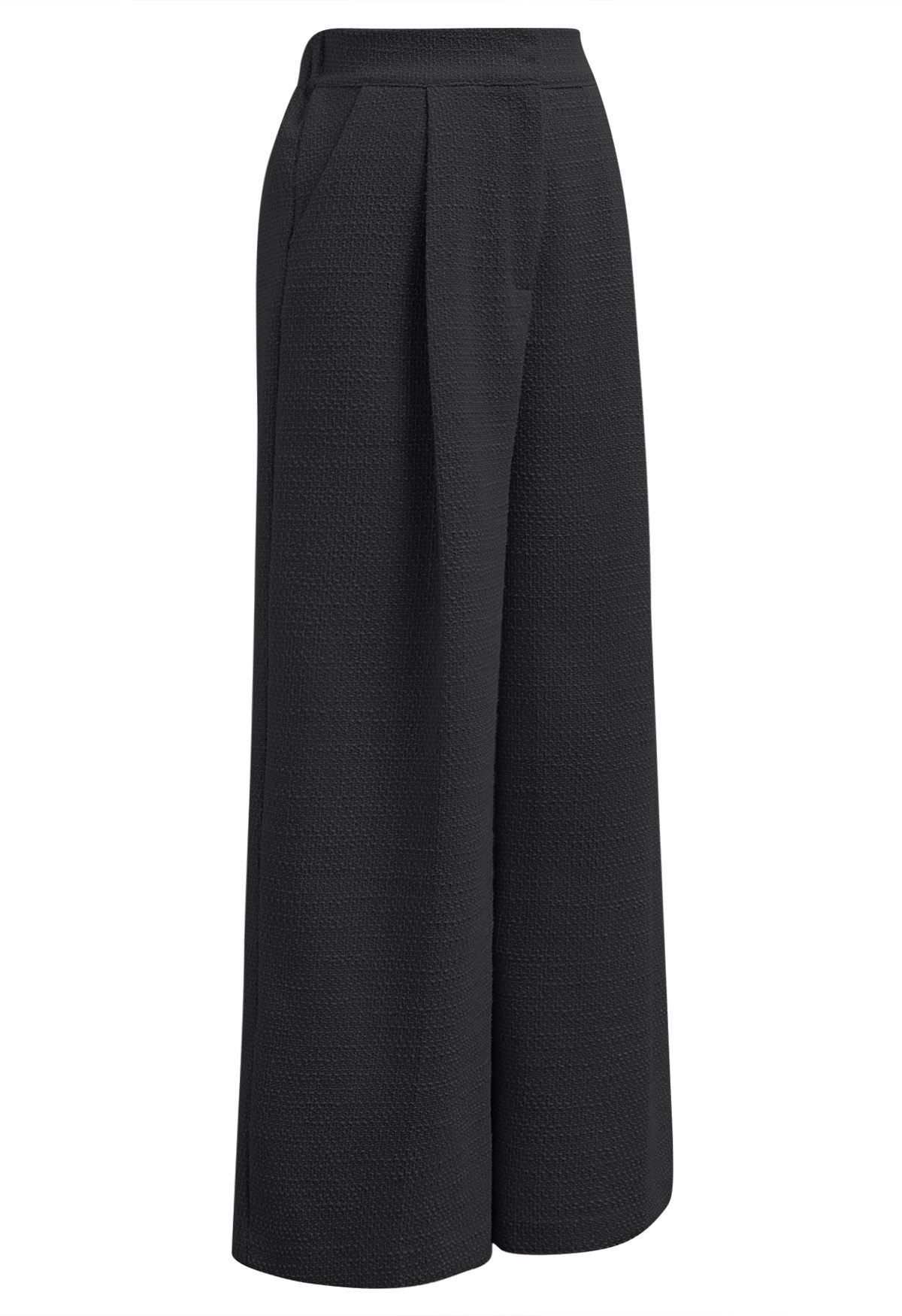 Stylish Tweed Pleats Palazzo Pants in Black