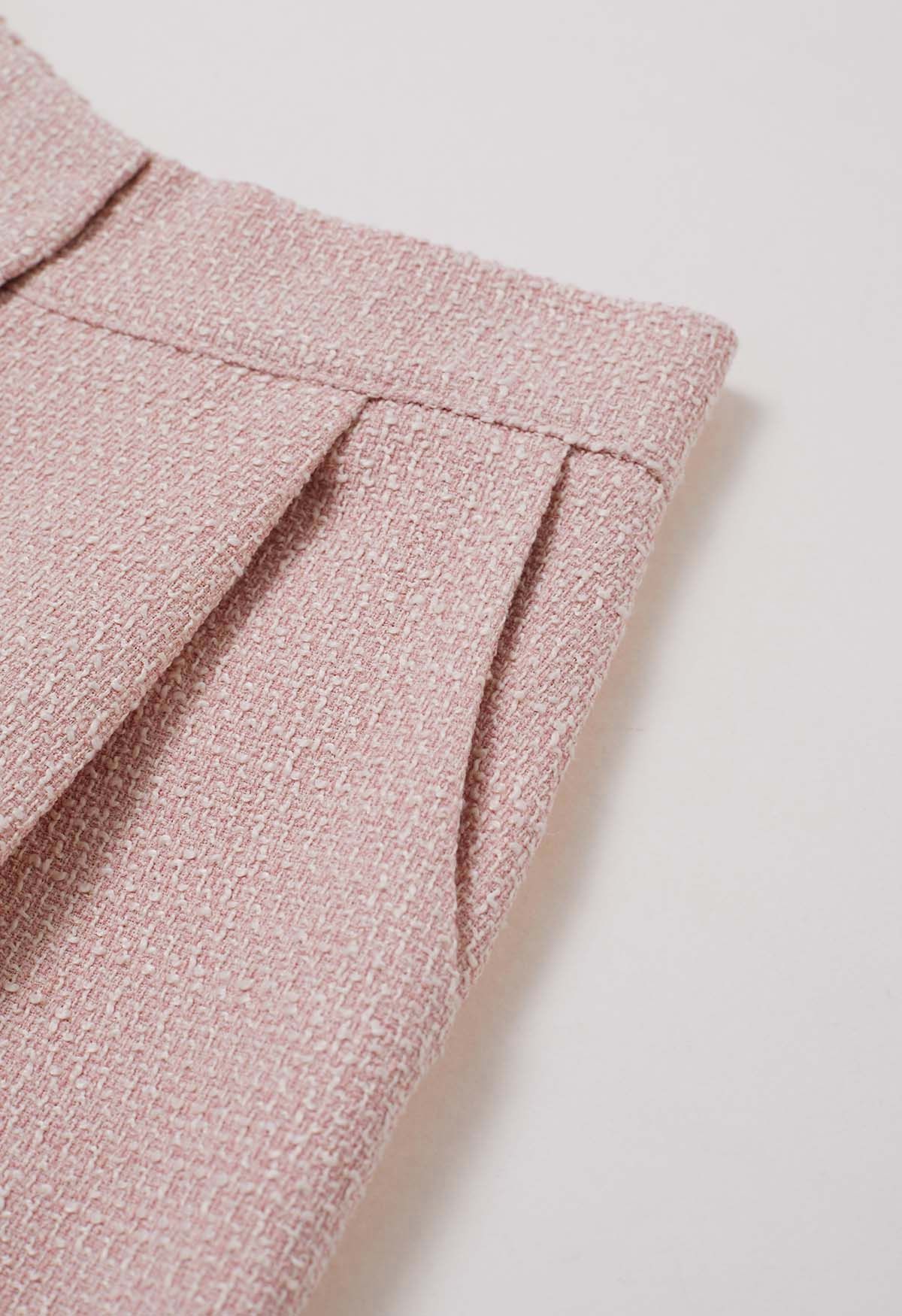 Stylish Tweed Pleats Palazzo Pants in Pink