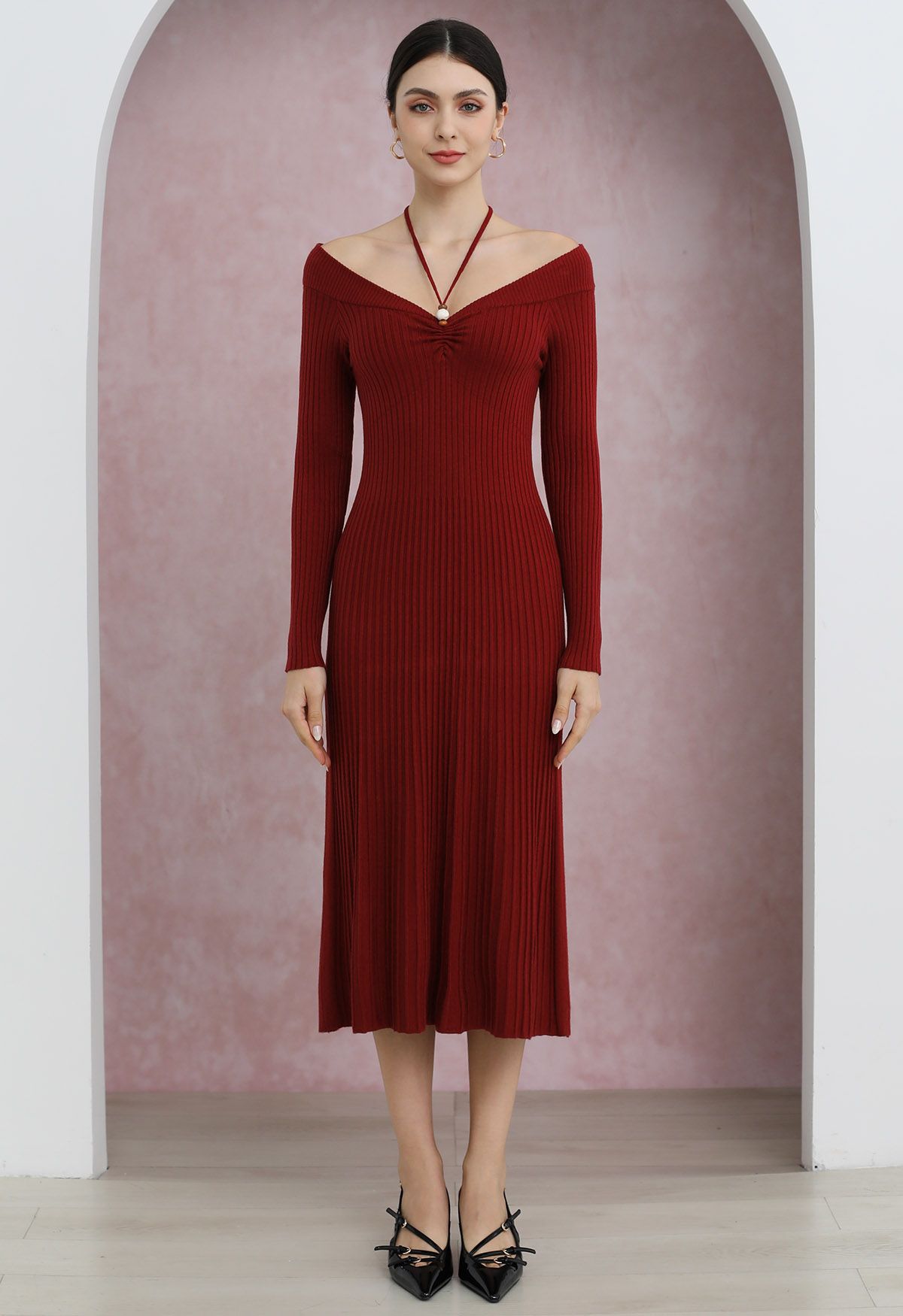 Self-Tie Halter Off-Shoulder Ribbed Knit Midi Dress in Red