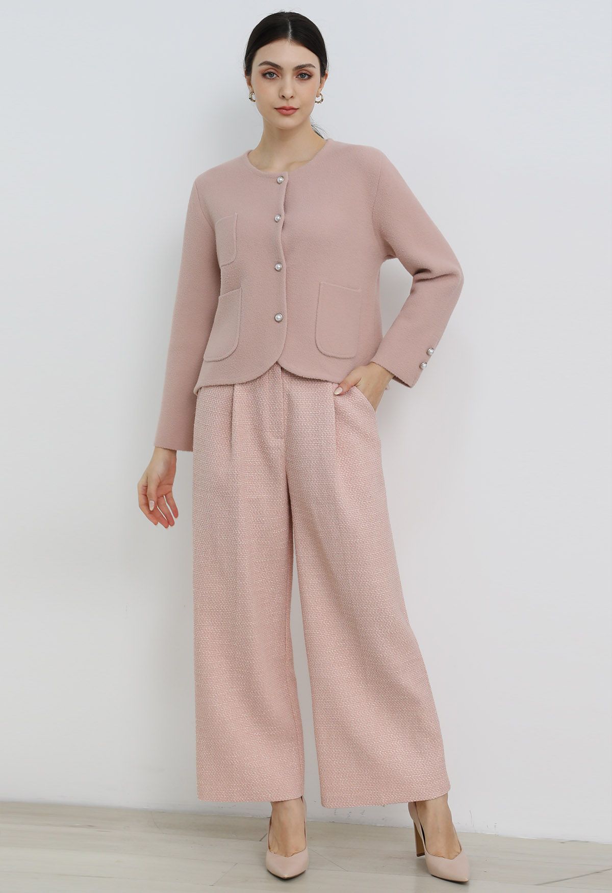 Stylish Tweed Pleats Palazzo Pants in Pink