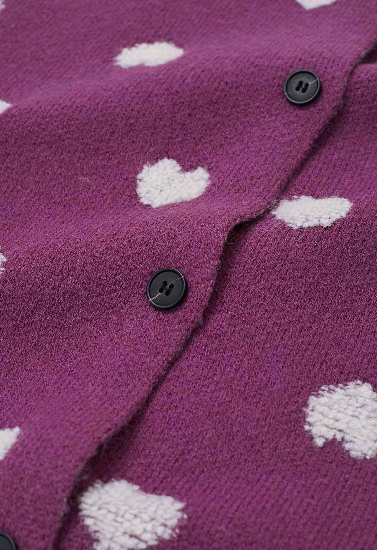 Fuzzy Heart Jacquard Knit Button Cardigan in Violet