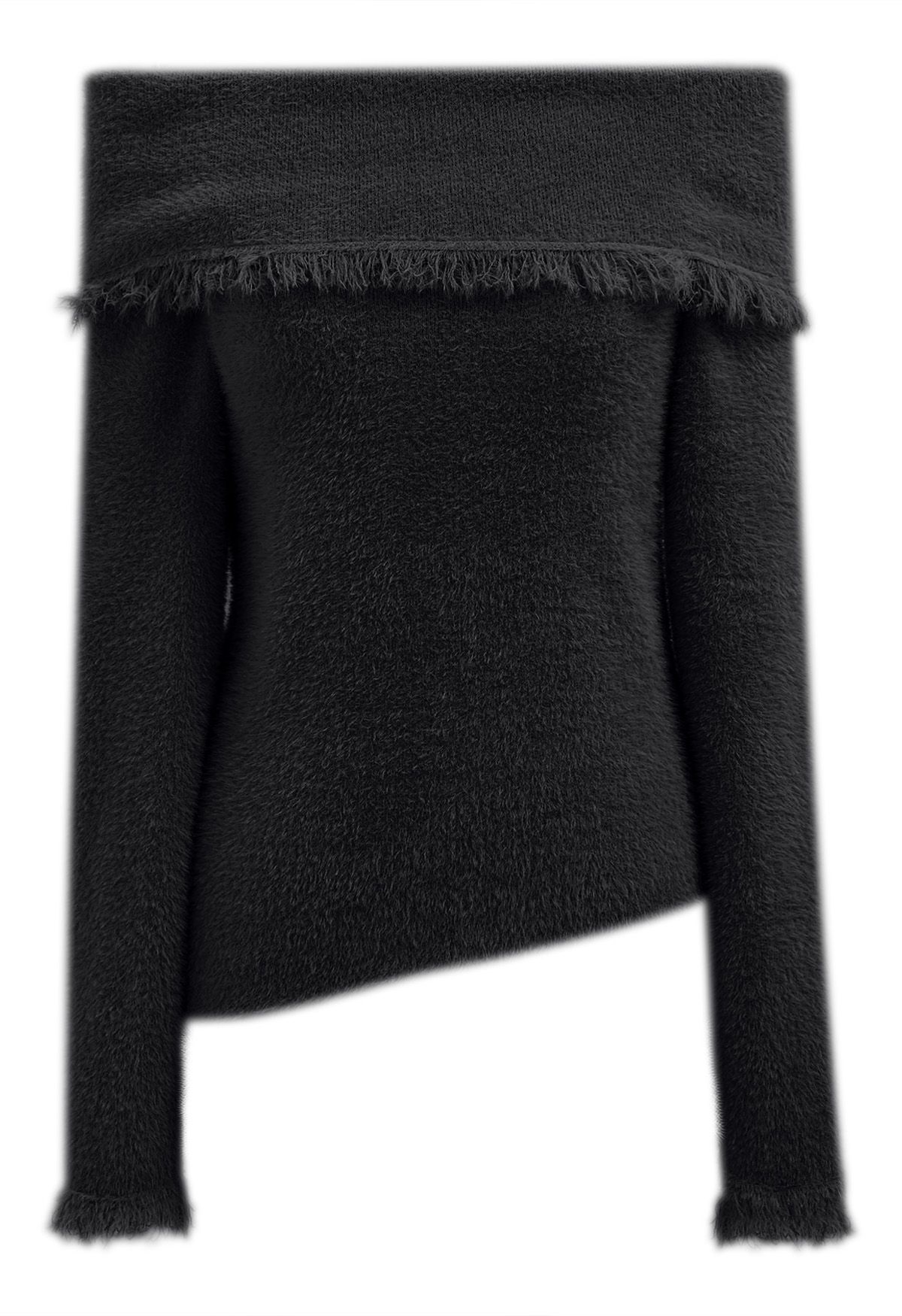 Tassel Folded Off-Shoulder Fuzzy Knit Top in Black