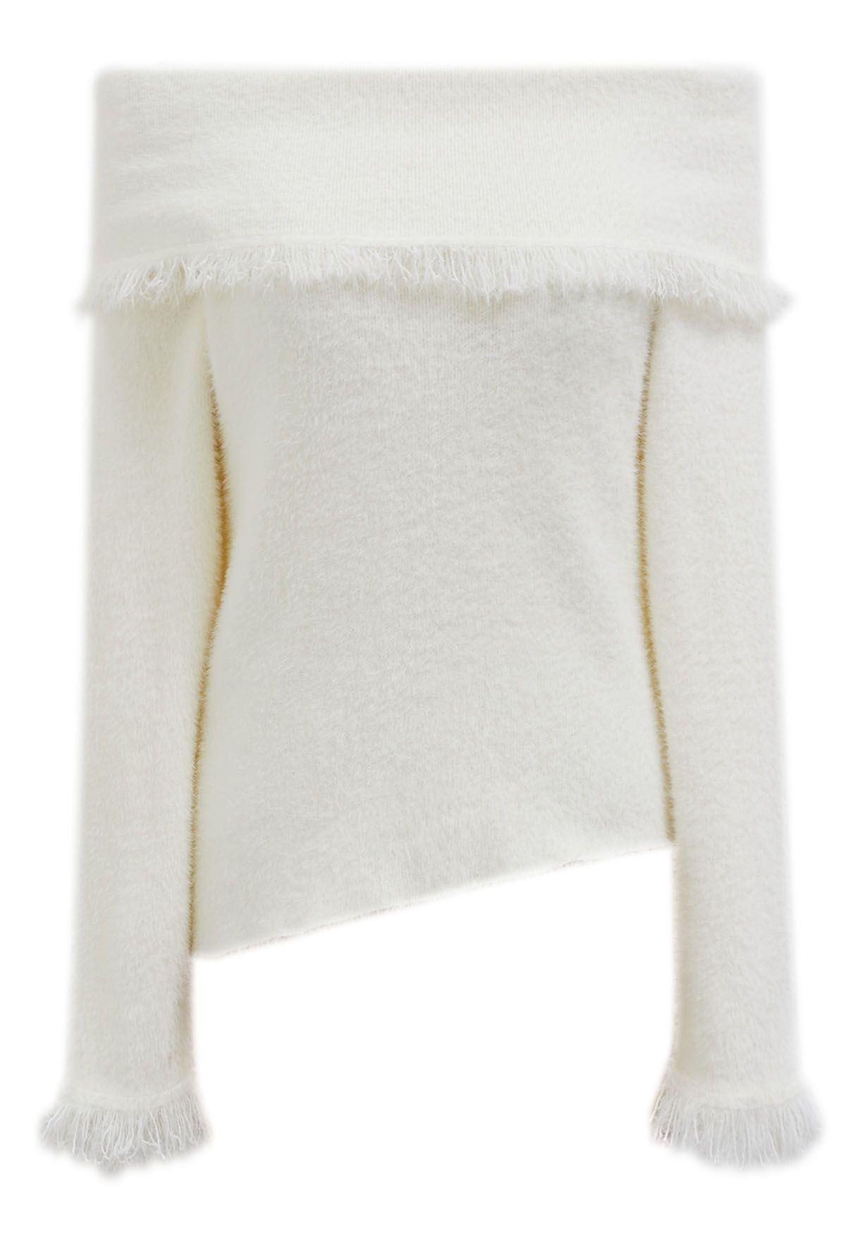 Tassel Folded Off-Shoulder Fuzzy Knit Top in Ivory