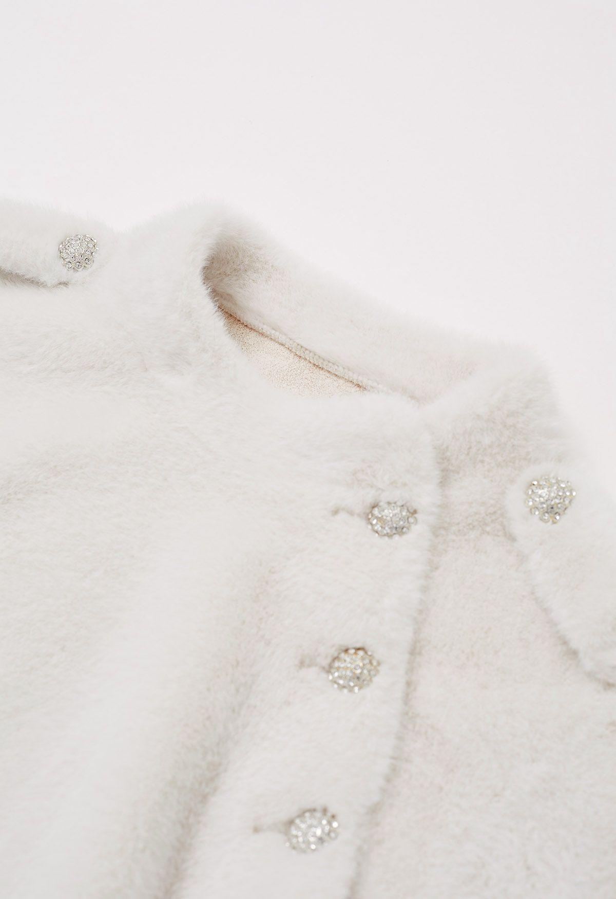 Rhinestone Button Wrap Faux Fur Cape Coat in Ivory