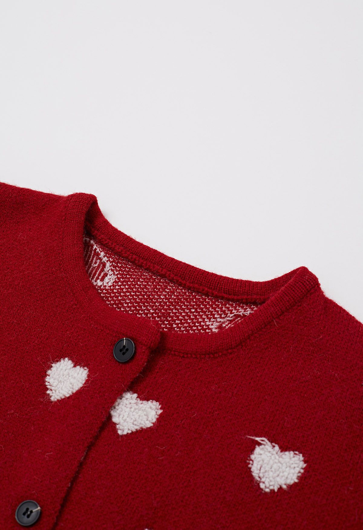 Fuzzy Heart Jacquard Knit Button Cardigan in Red