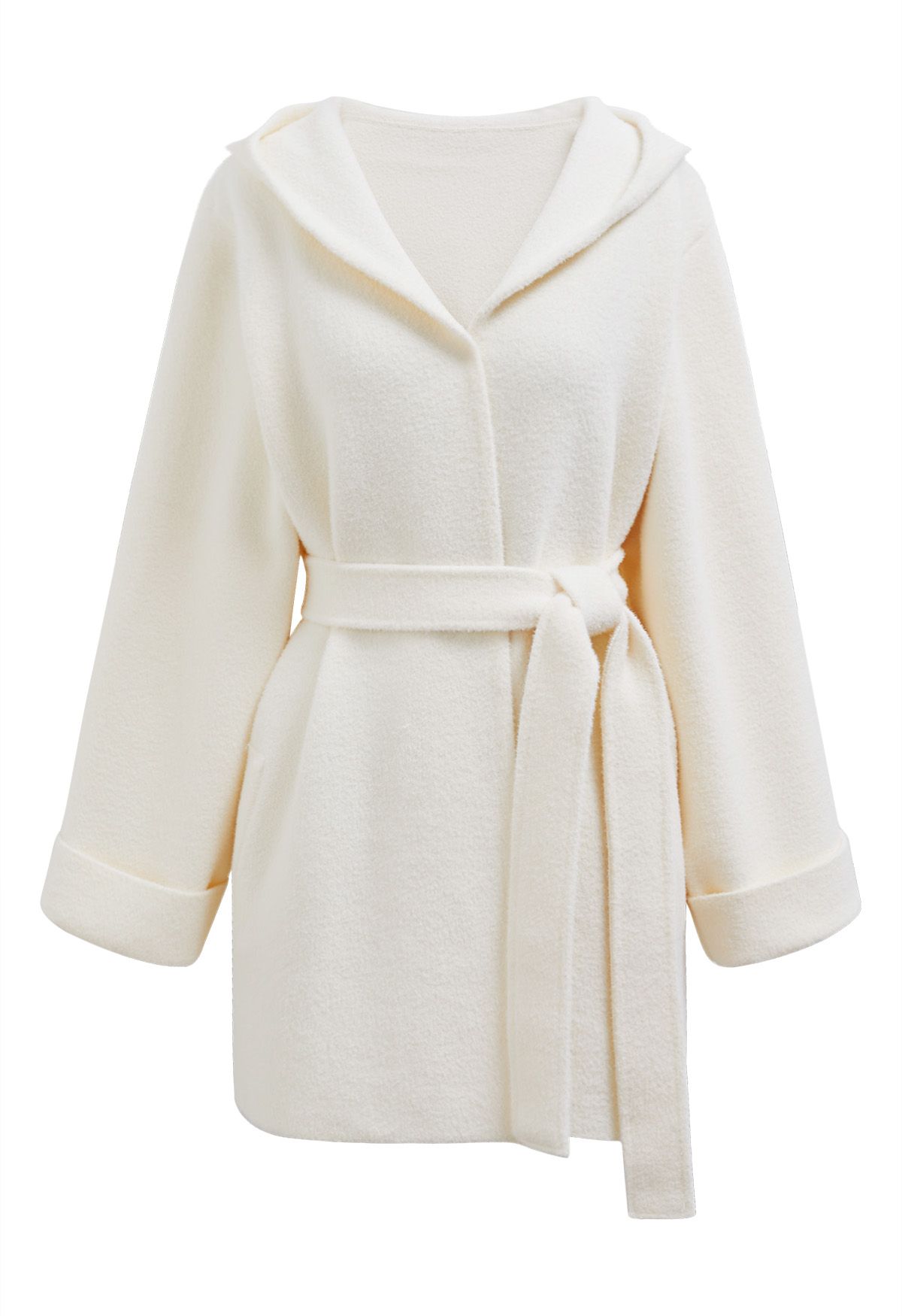 Tender Touch Belted Hooded Knit Coat in Ivory