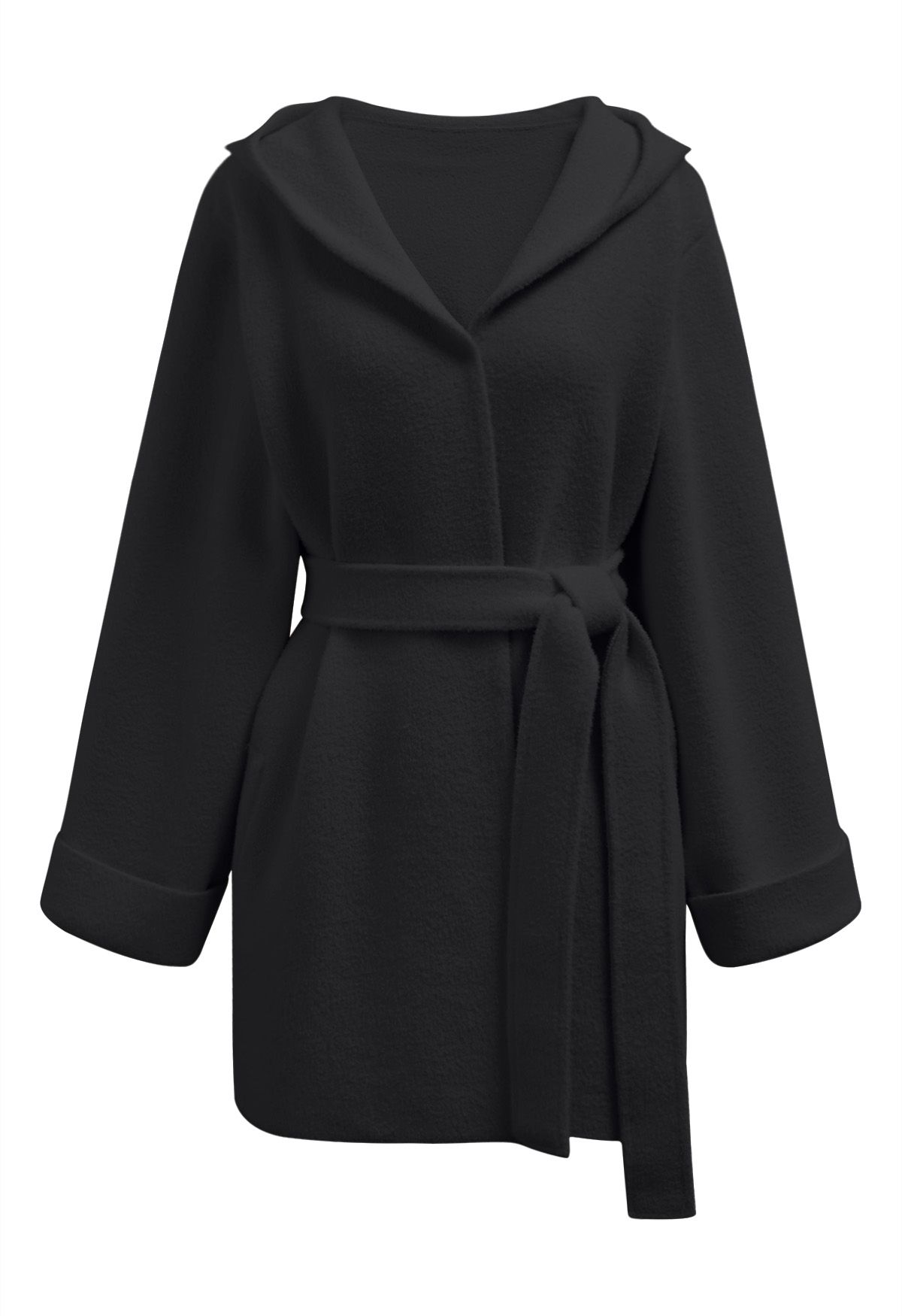 Tender Touch Belted Hooded Knit Coat in Black