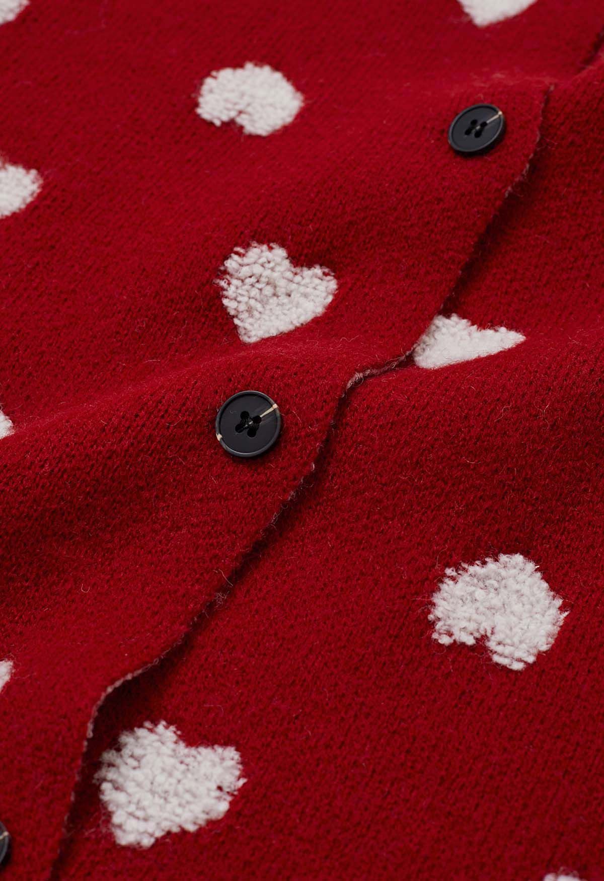 Fuzzy Heart Jacquard Knit Button Cardigan in Red