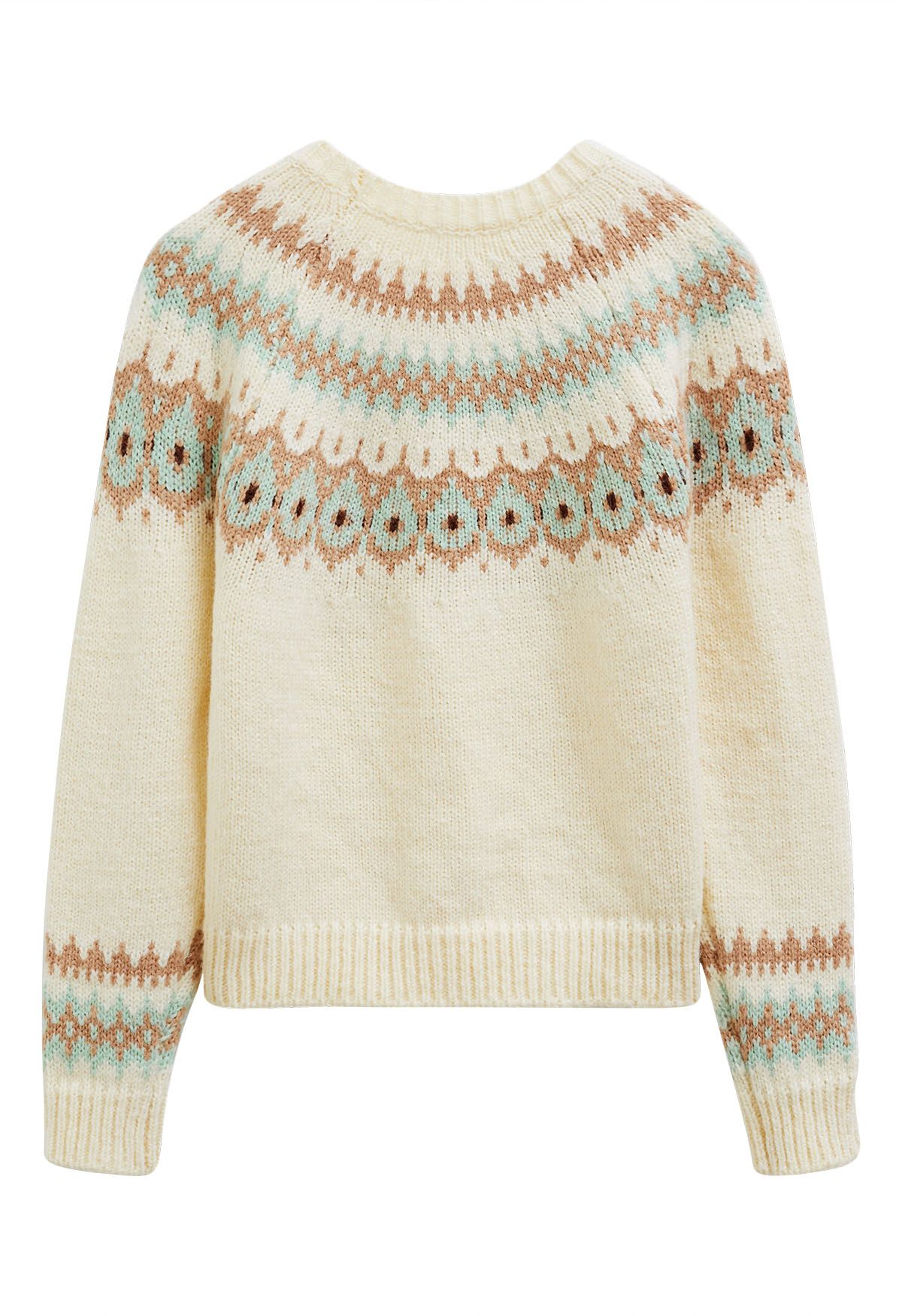 Playful Waterdrop Fair Isle Knit Sweater in Cream