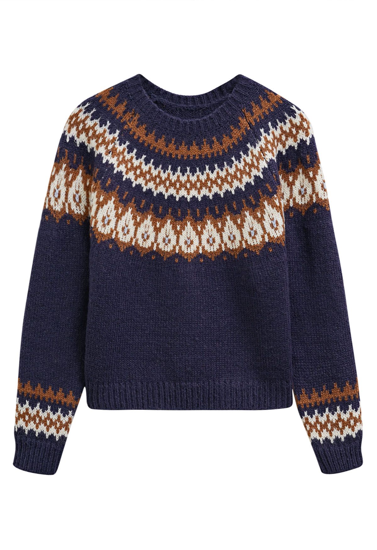 Playful Waterdrop Fair Isle Knit Sweater in Navy