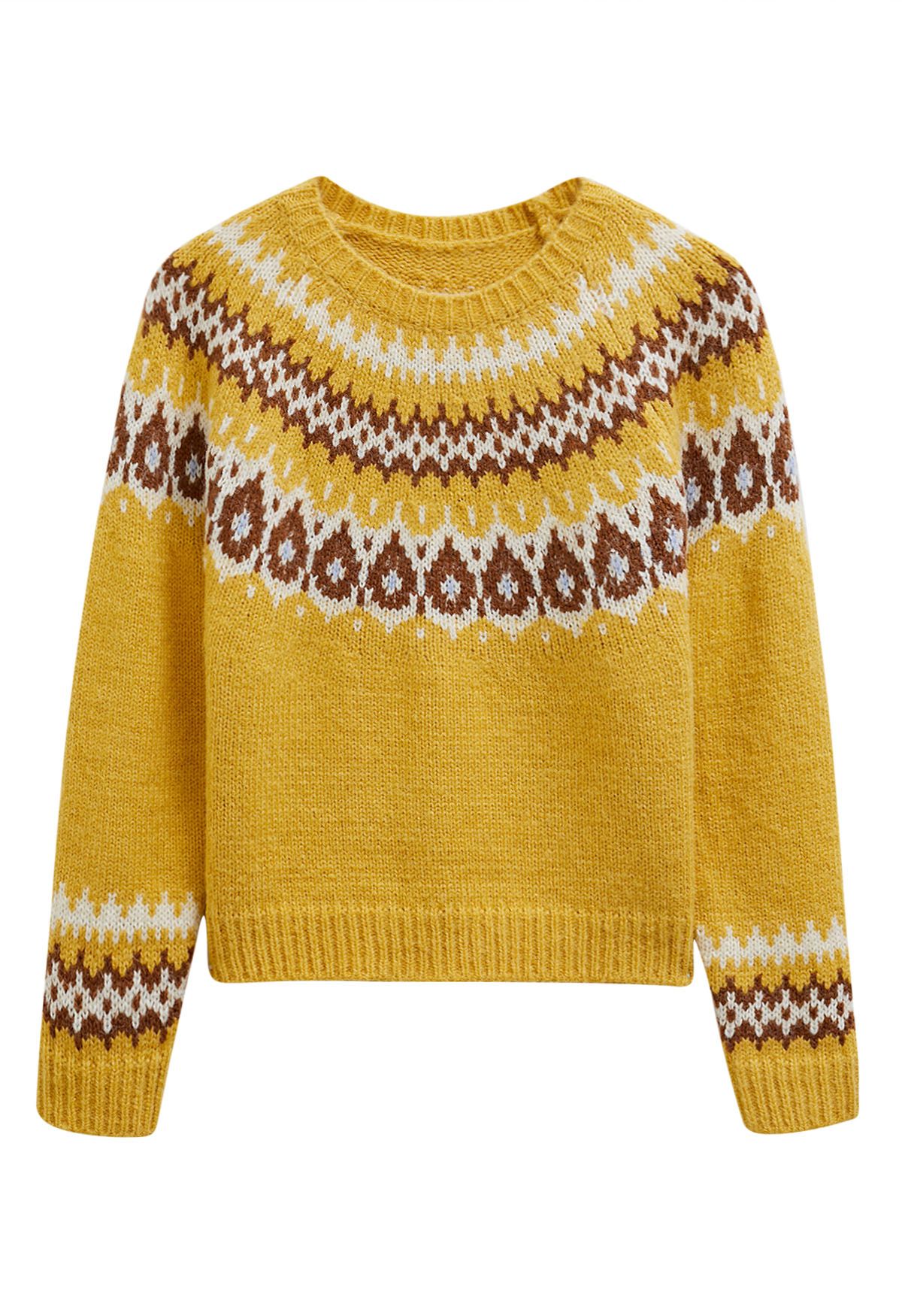 Playful Waterdrop Fair Isle Knit Sweater in Yellow