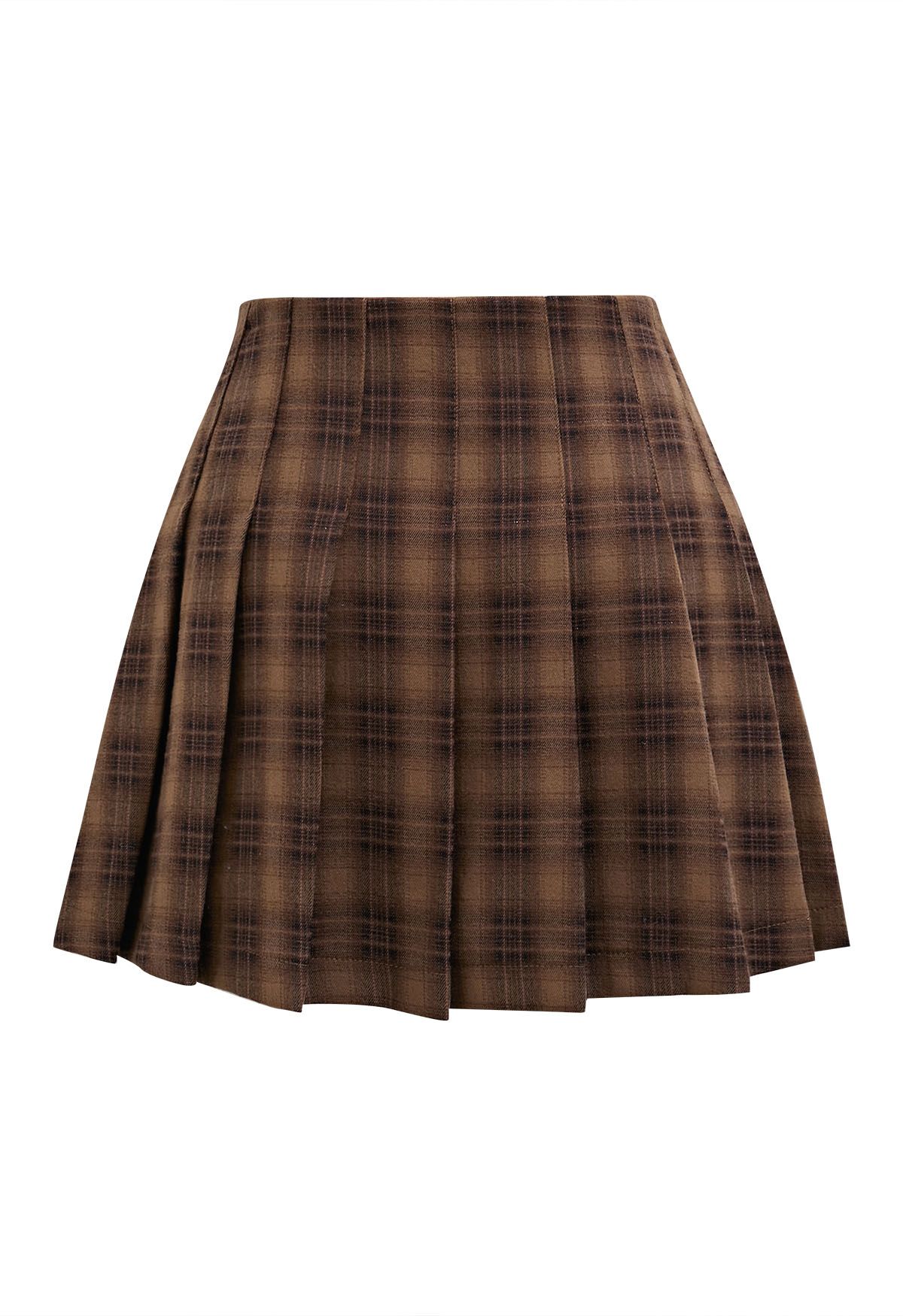 Double Flaps Plaid Belted Pleated Mini Skirt in Caramel