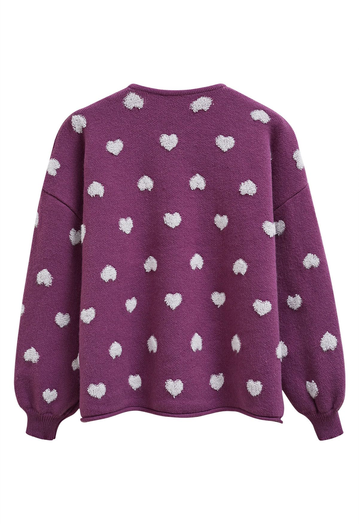 Fuzzy Heart Jacquard Knit Button Cardigan in Violet