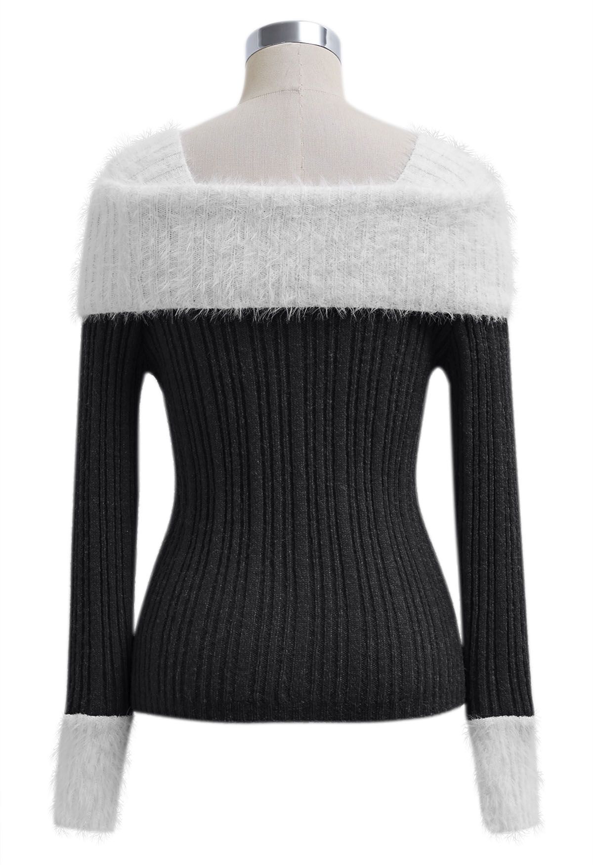 Contrast Fuzzy Folded Shoulder Button Knit Top in Black